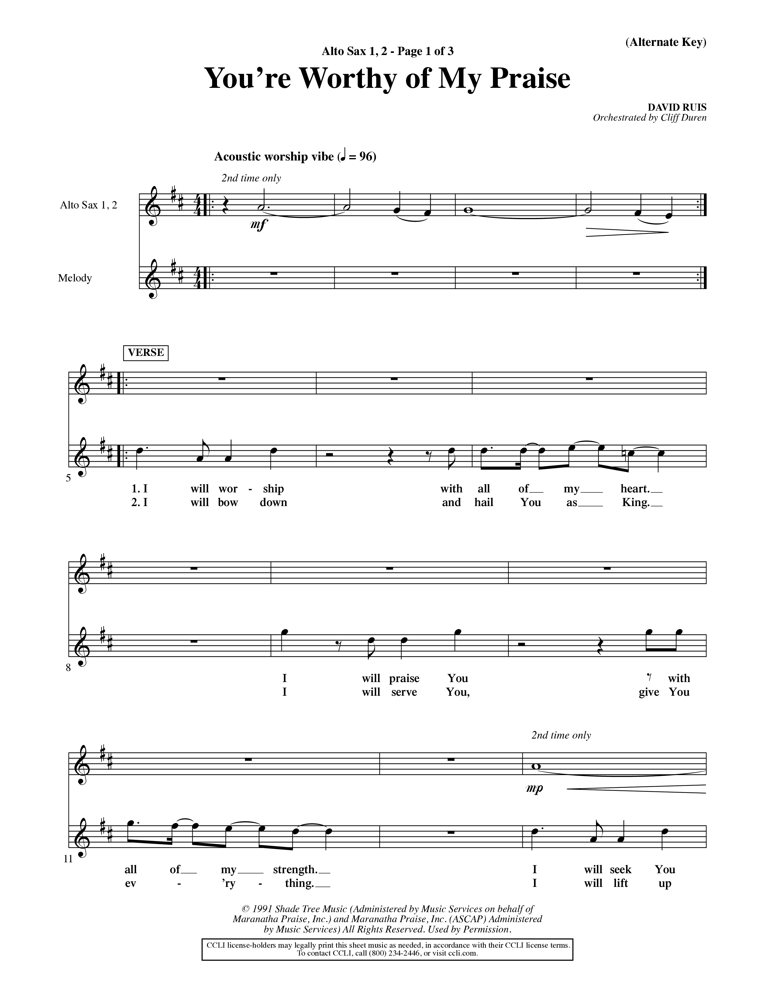 You're Worthy Of My Praise (Choral Anthem SATB) Alto Sax 1/2 (Word Music Choral / Orch. Cliff Duren)