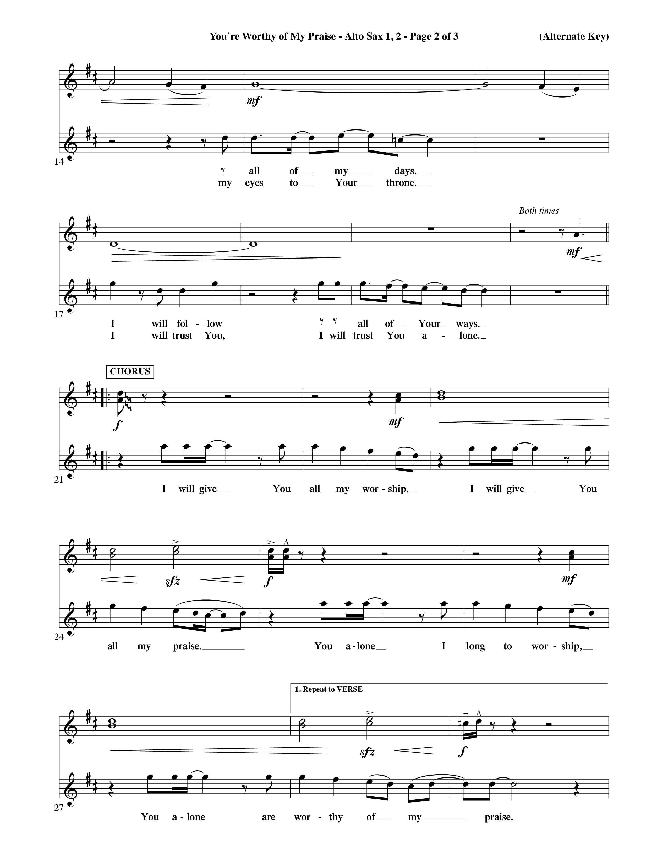You're Worthy Of My Praise (Choral Anthem SATB) Alto Sax 1/2 (Word Music Choral / Orch. Cliff Duren)