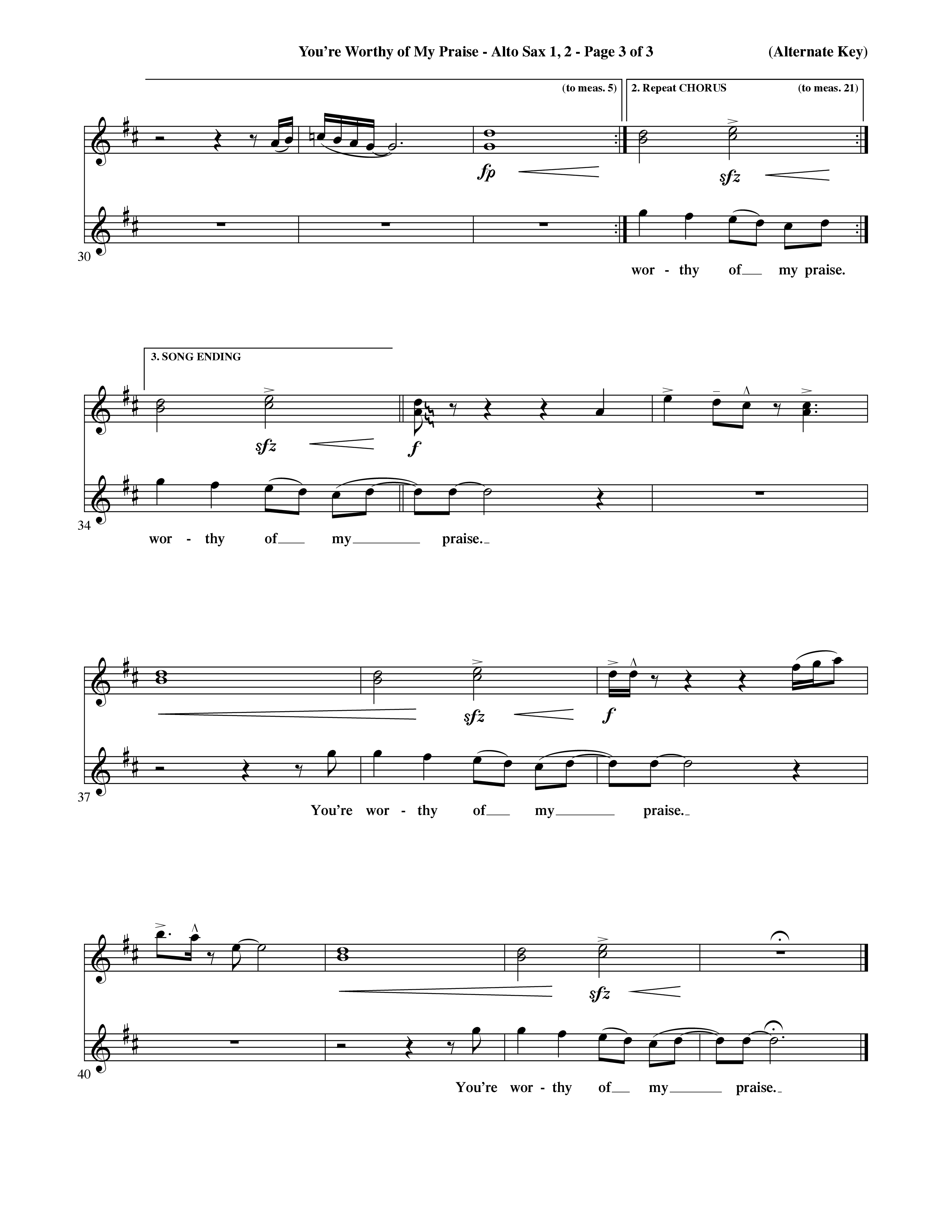 You're Worthy Of My Praise (Choral Anthem SATB) Alto Sax 1/2 (Word Music Choral / Orch. Cliff Duren)