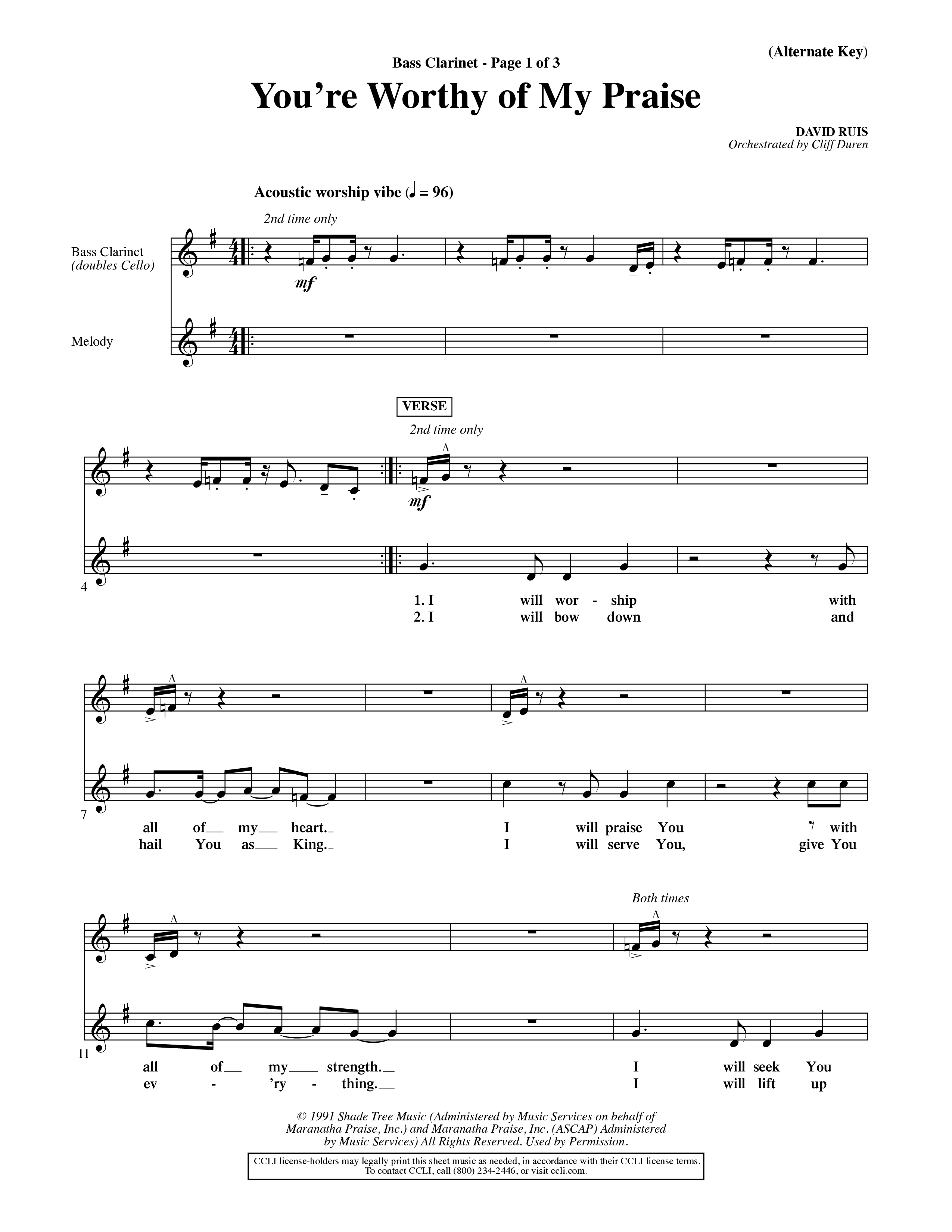 You're Worthy Of My Praise (Choral Anthem SATB) Bass Clarinet (Word Music Choral / Orch. Cliff Duren)
