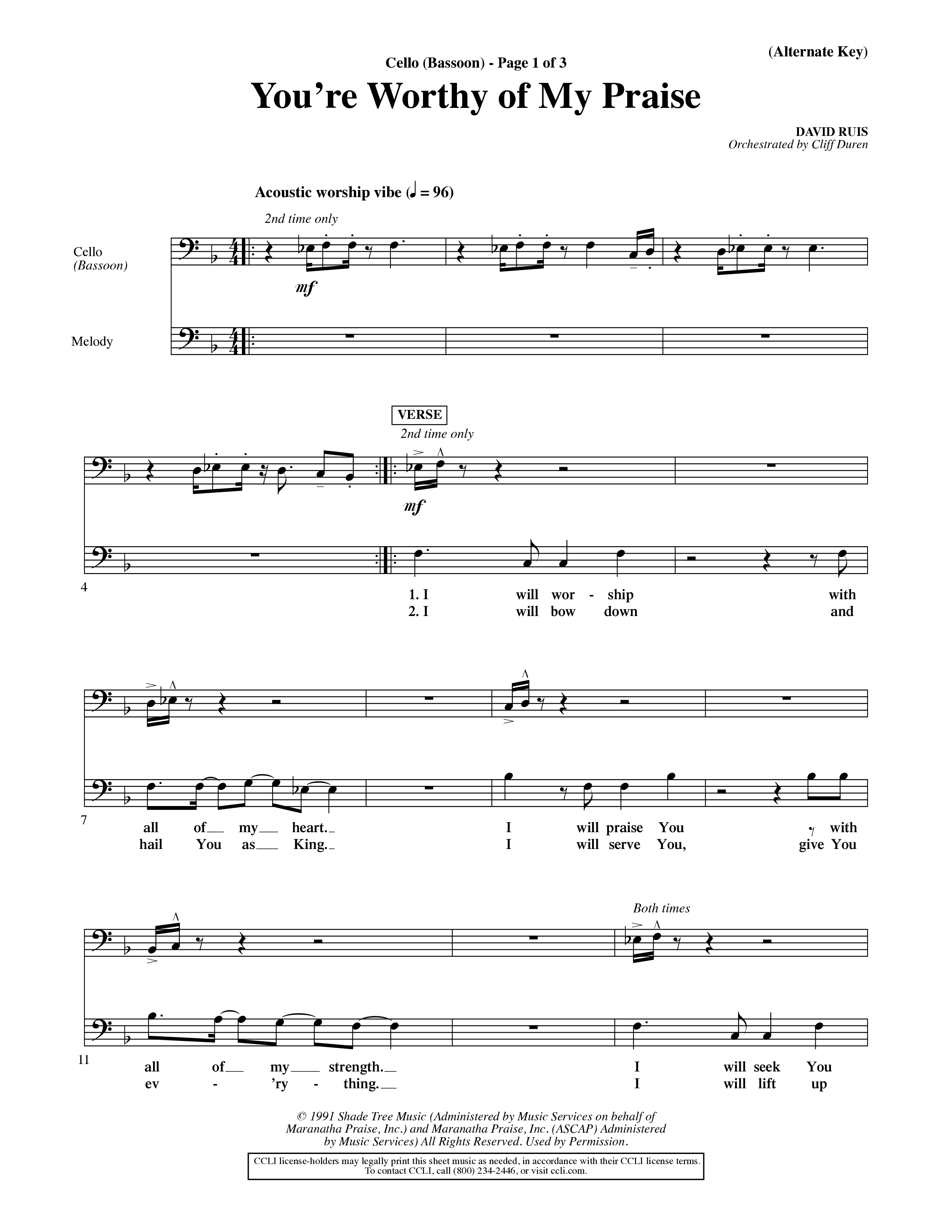 You're Worthy Of My Praise (Choral Anthem SATB) Cello (Word Music Choral / Orch. Cliff Duren)