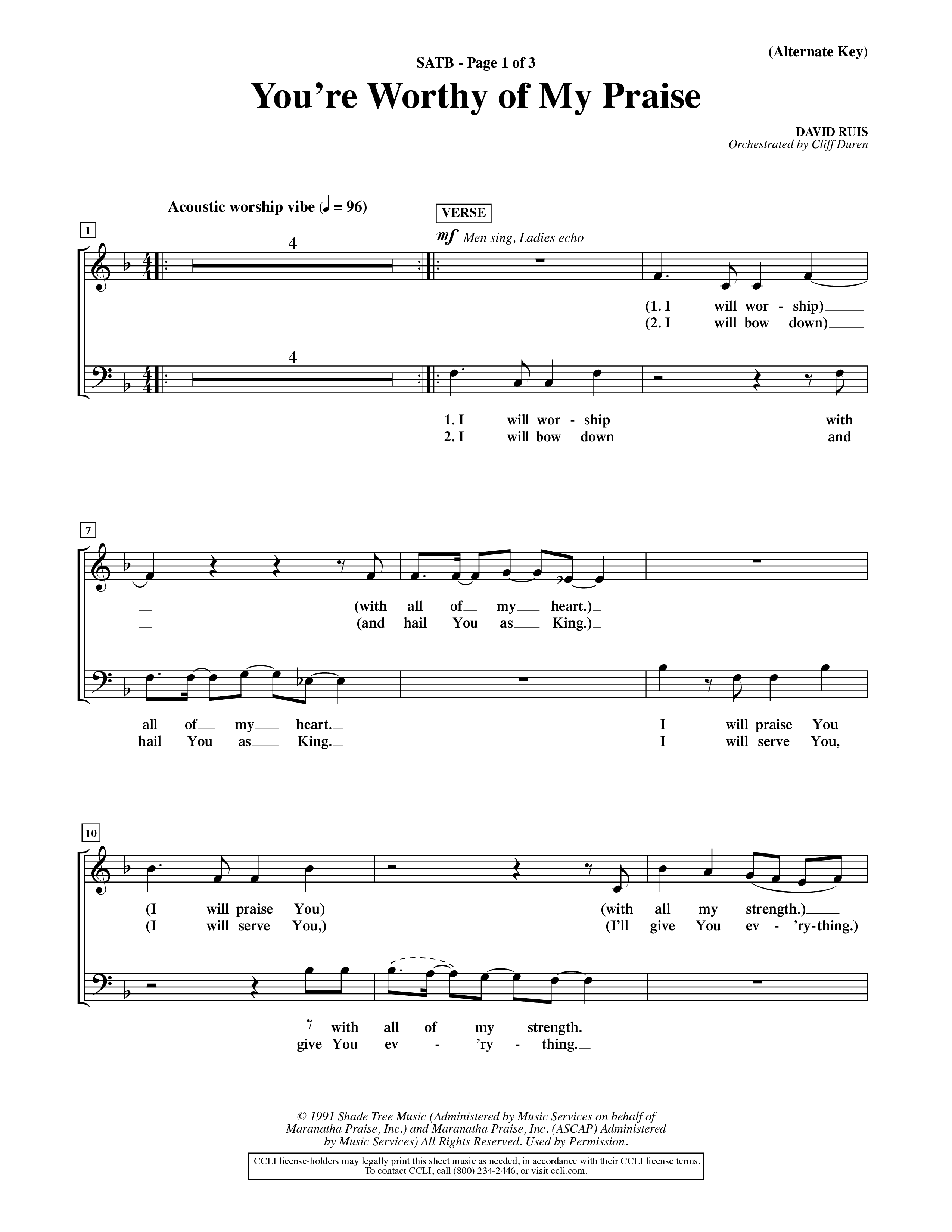 You're Worthy Of My Praise (Choral Anthem SATB) Choir Sheet (SATB) (Word Music Choral / Orch. Cliff Duren)
