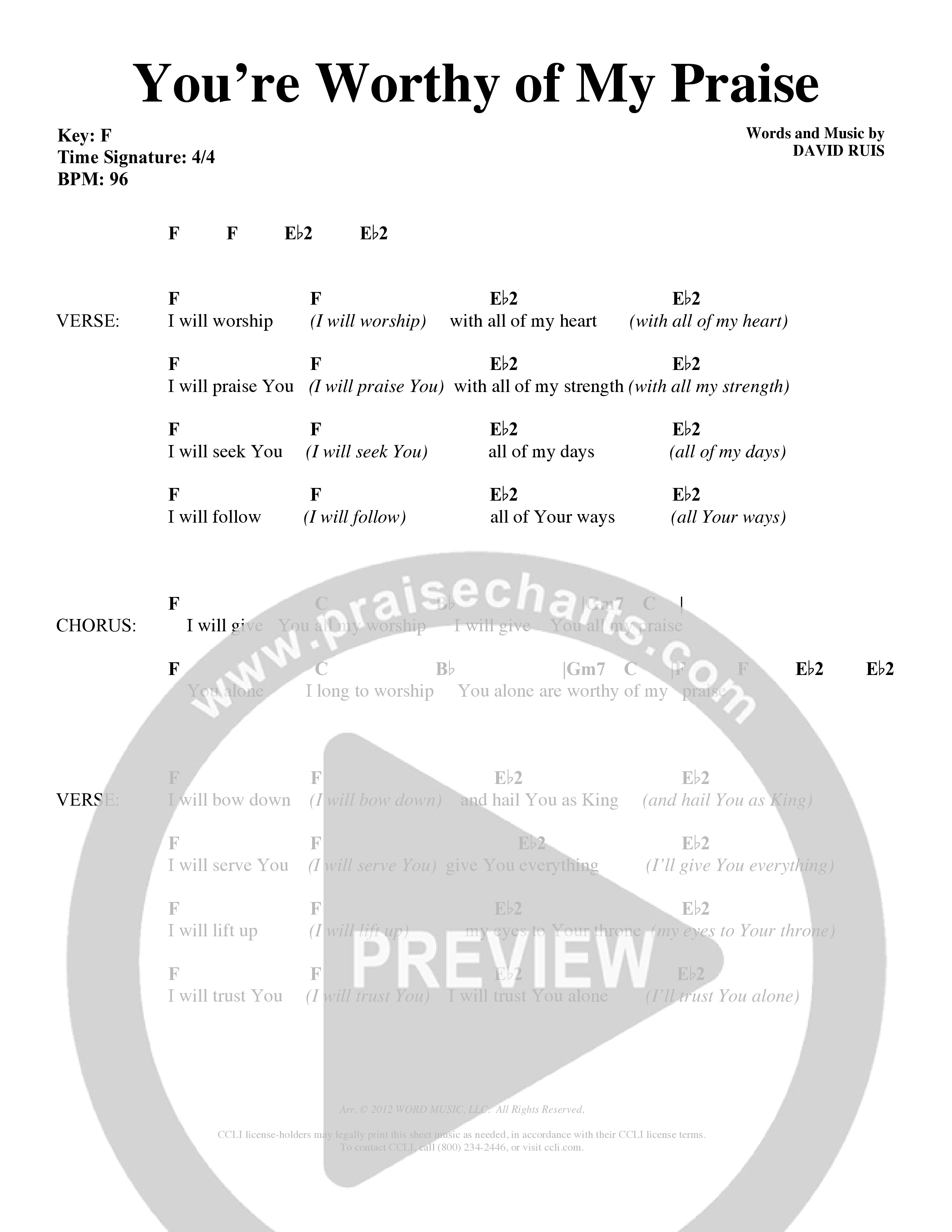 You're Worthy Of My Praise (Choral Anthem SATB) Chords & Lyrics (Word Music Choral / Orch. Cliff Duren)