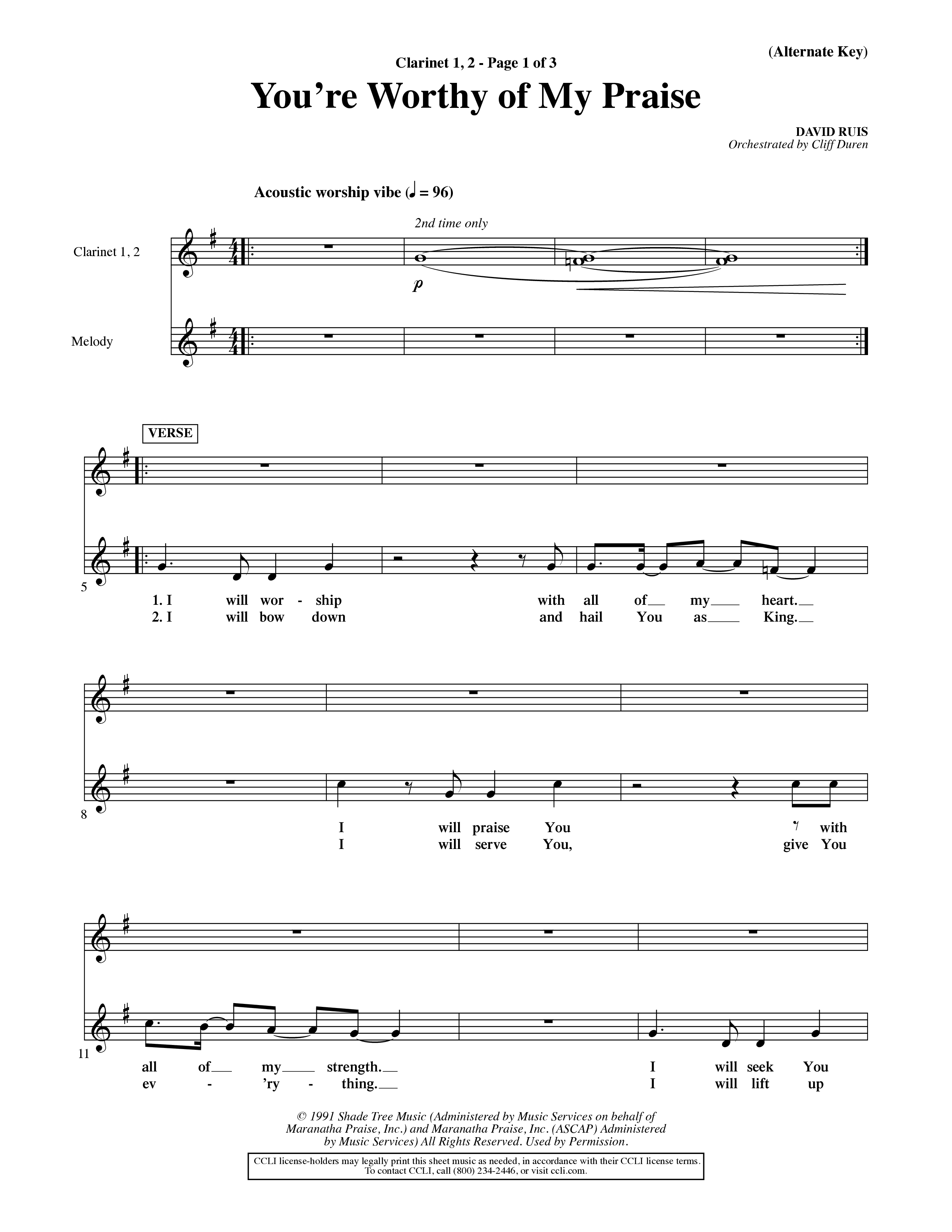 You're Worthy Of My Praise (Choral Anthem SATB) Clarinet 1/2 (Word Music Choral / Orch. Cliff Duren)