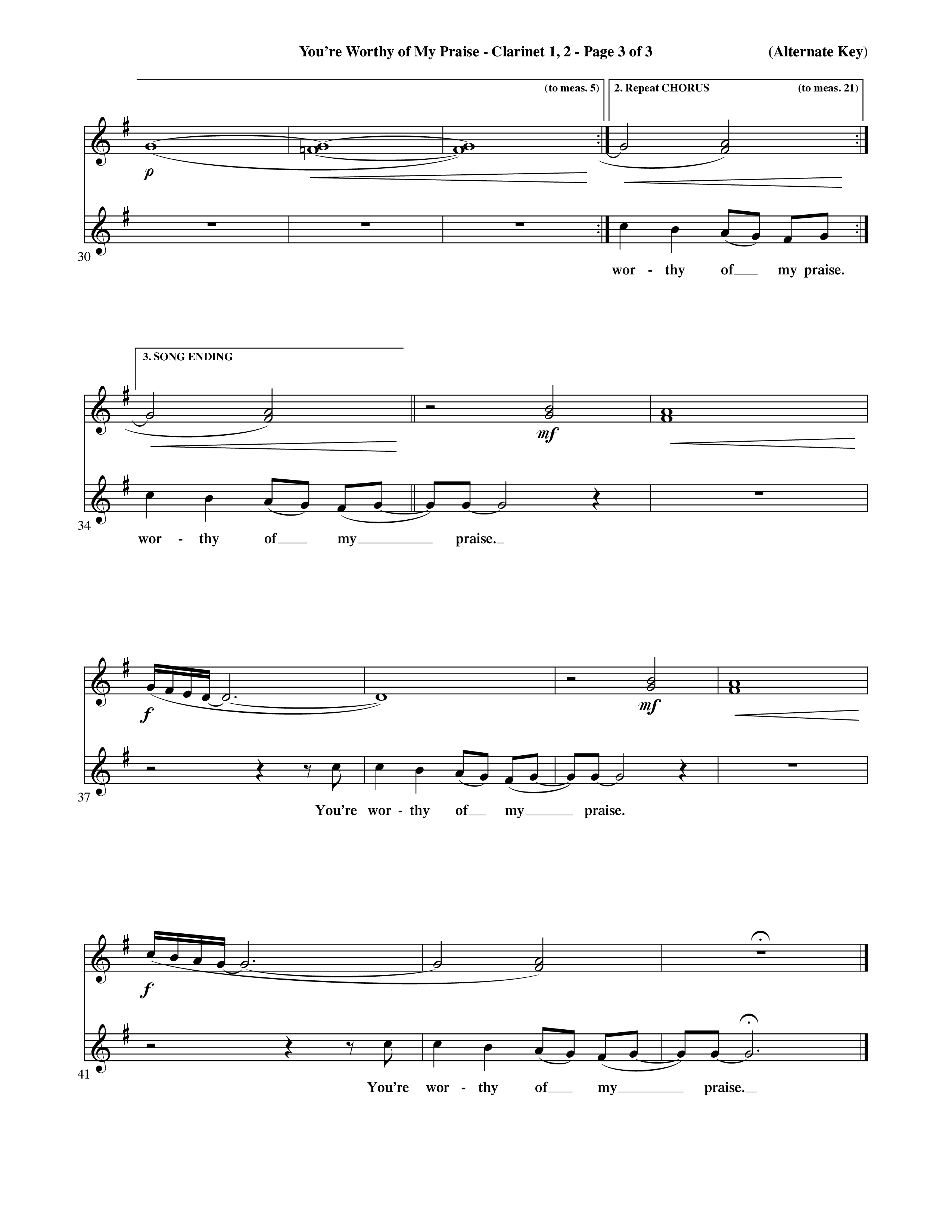 You're Worthy Of My Praise (Choral Anthem SATB) Clarinet 1/2 (Word Music Choral / Orch. Cliff Duren)