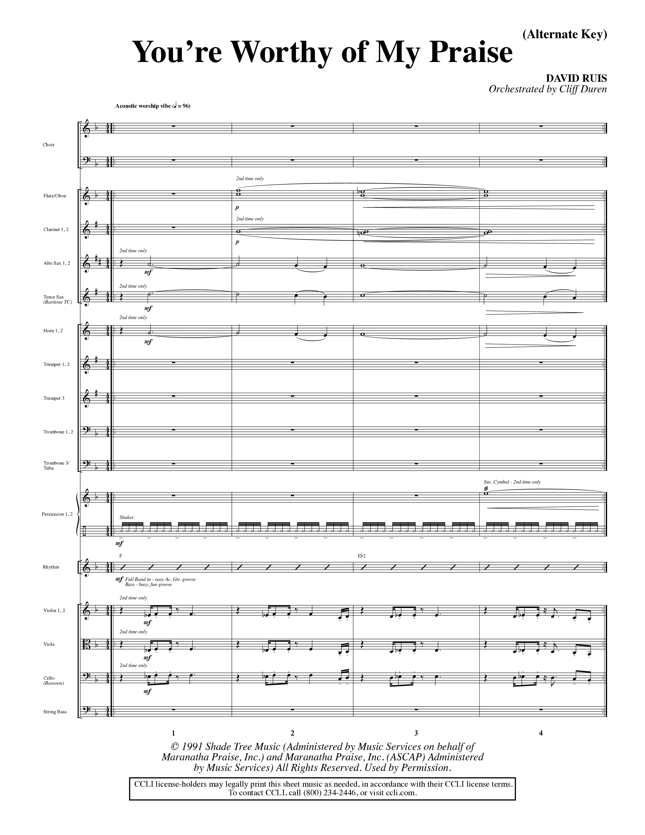 You're Worthy Of My Praise (Choral Anthem SATB) Orchestration (Word Music Choral / Orch. Cliff Duren)