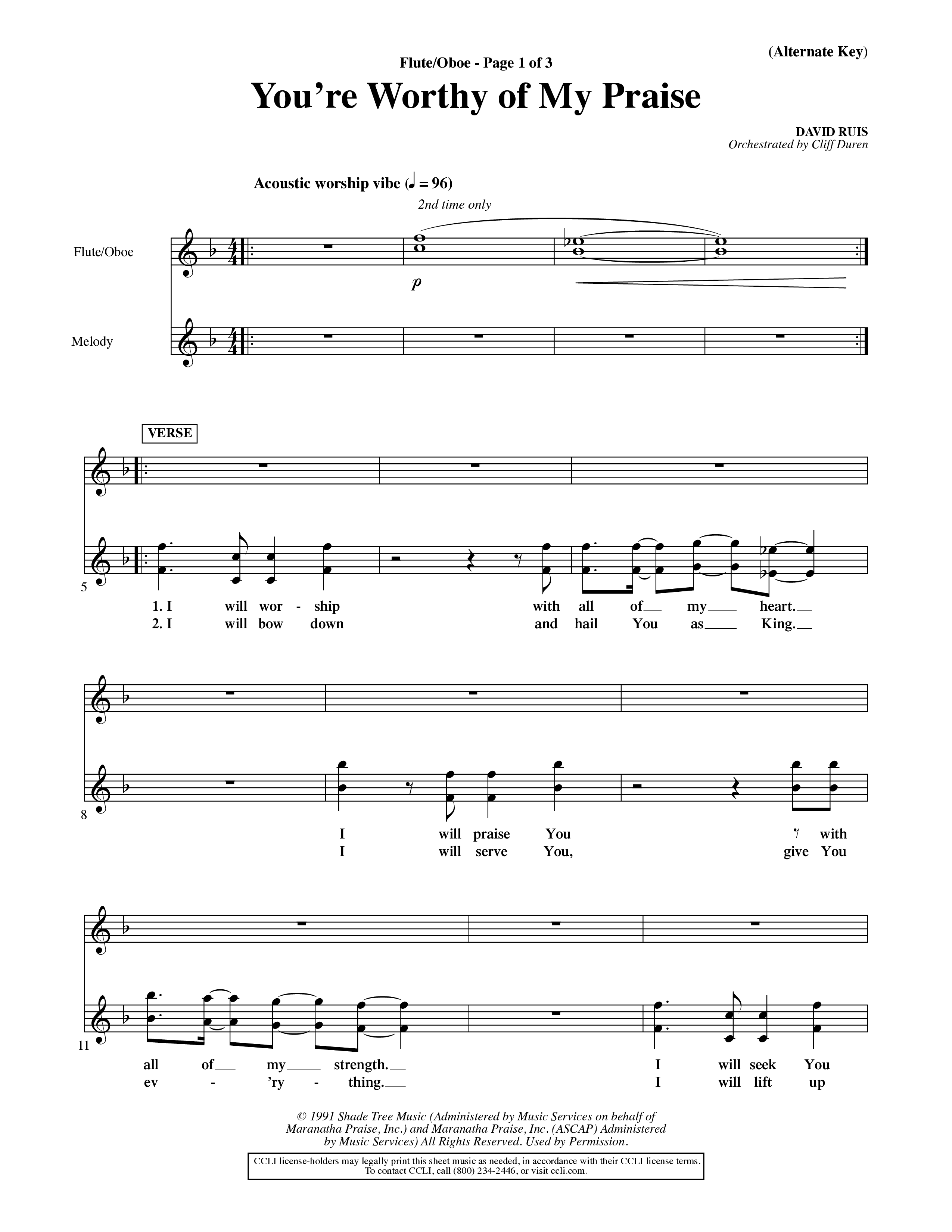 You're Worthy Of My Praise (Choral Anthem SATB) Flute/Oboe (Word Music Choral / Orch. Cliff Duren)