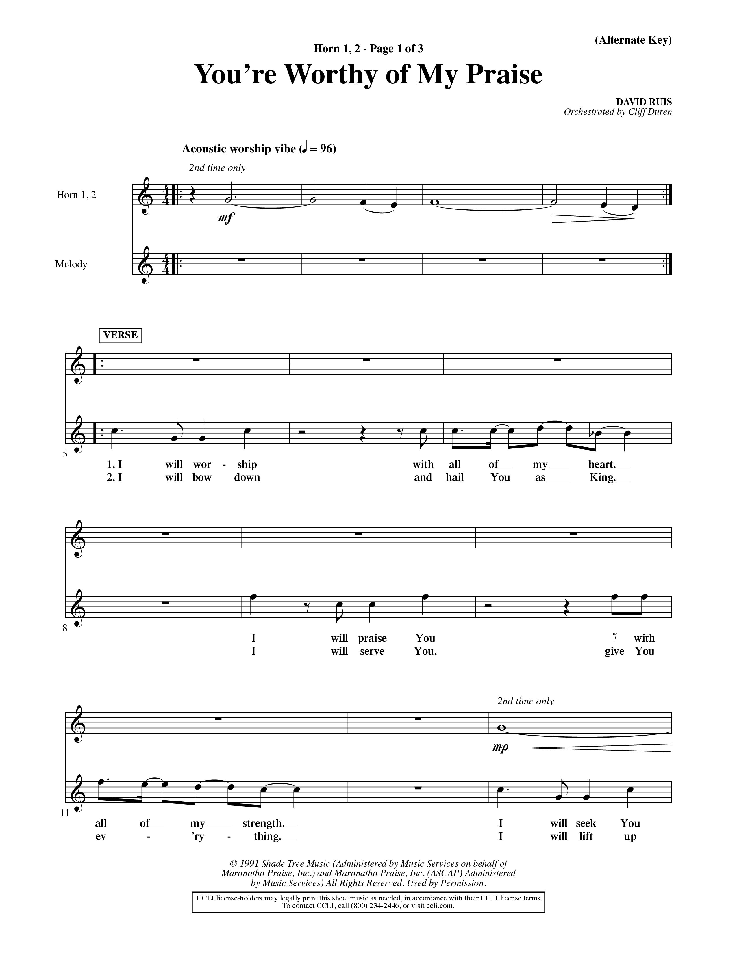 You're Worthy Of My Praise (Choral Anthem SATB) French Horn (Word Music Choral / Orch. Cliff Duren)