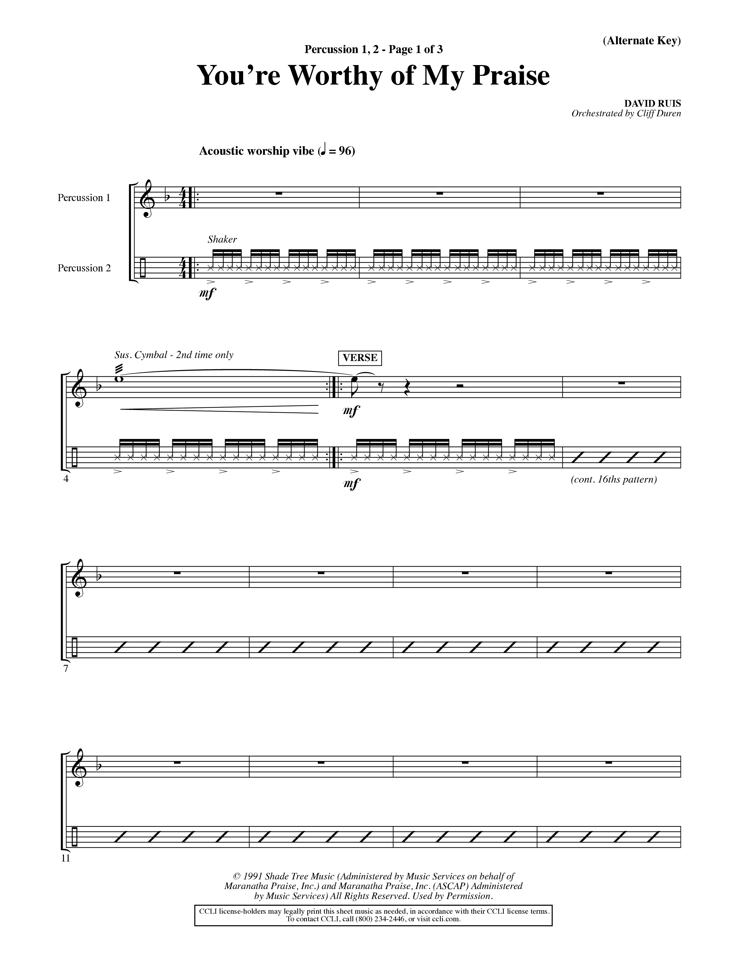 You're Worthy Of My Praise (Choral Anthem SATB) Percussion 1/2 (Word Music Choral / Orch. Cliff Duren)