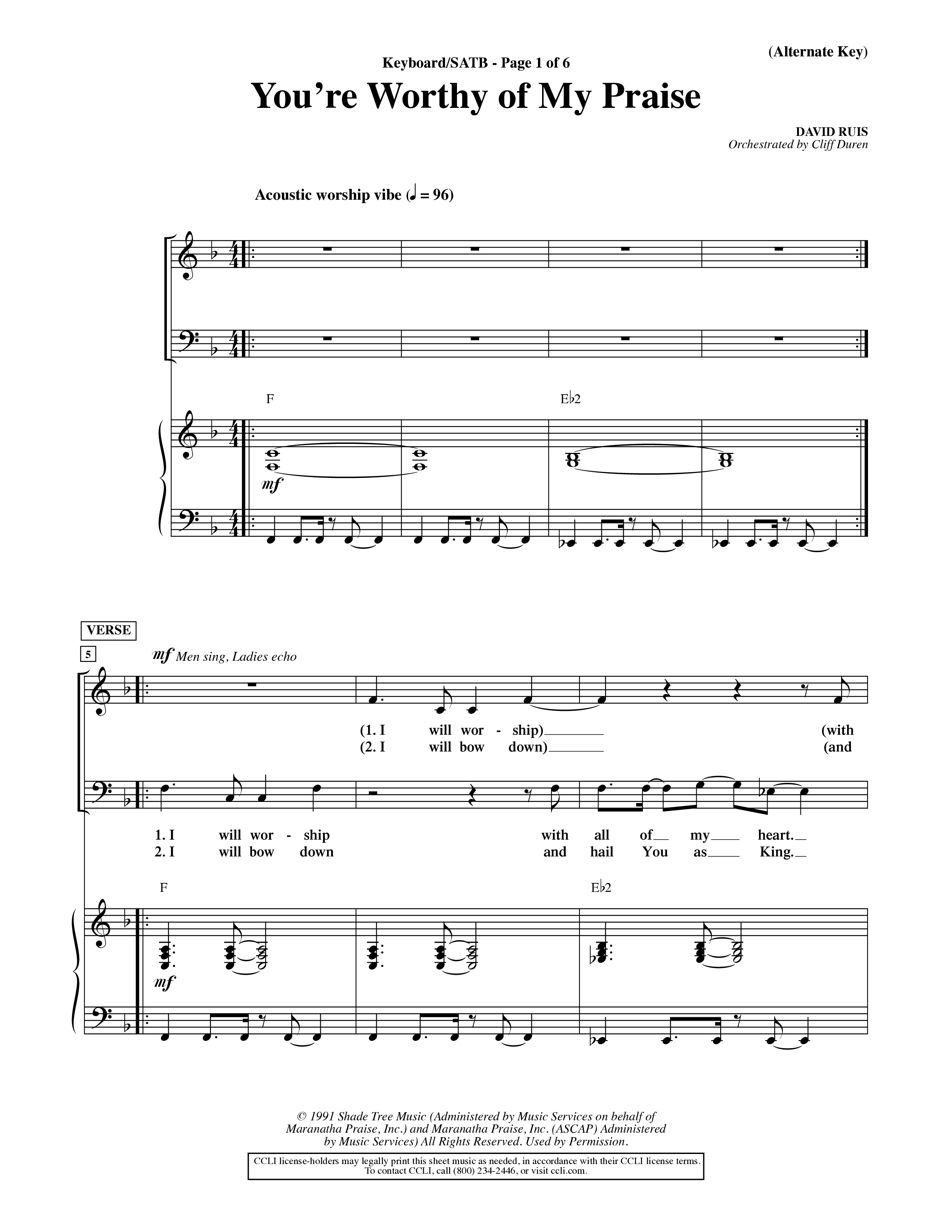 You're Worthy Of My Praise (Choral Anthem SATB) Keyboard/Vocal (SATB) (Word Music Choral / Orch. Cliff Duren)