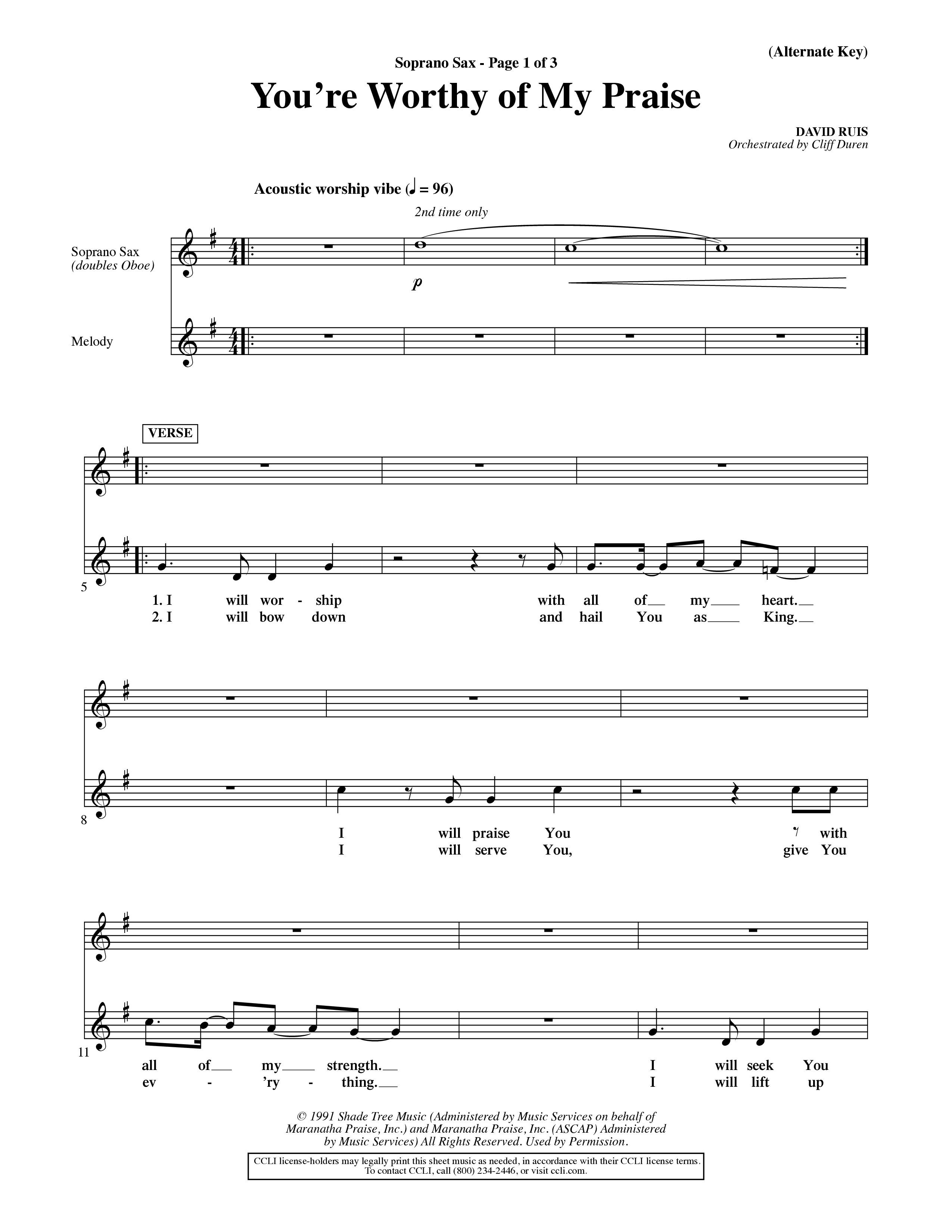 You're Worthy Of My Praise (Choral Anthem SATB) Saxophone (Word Music Choral / Orch. Cliff Duren)