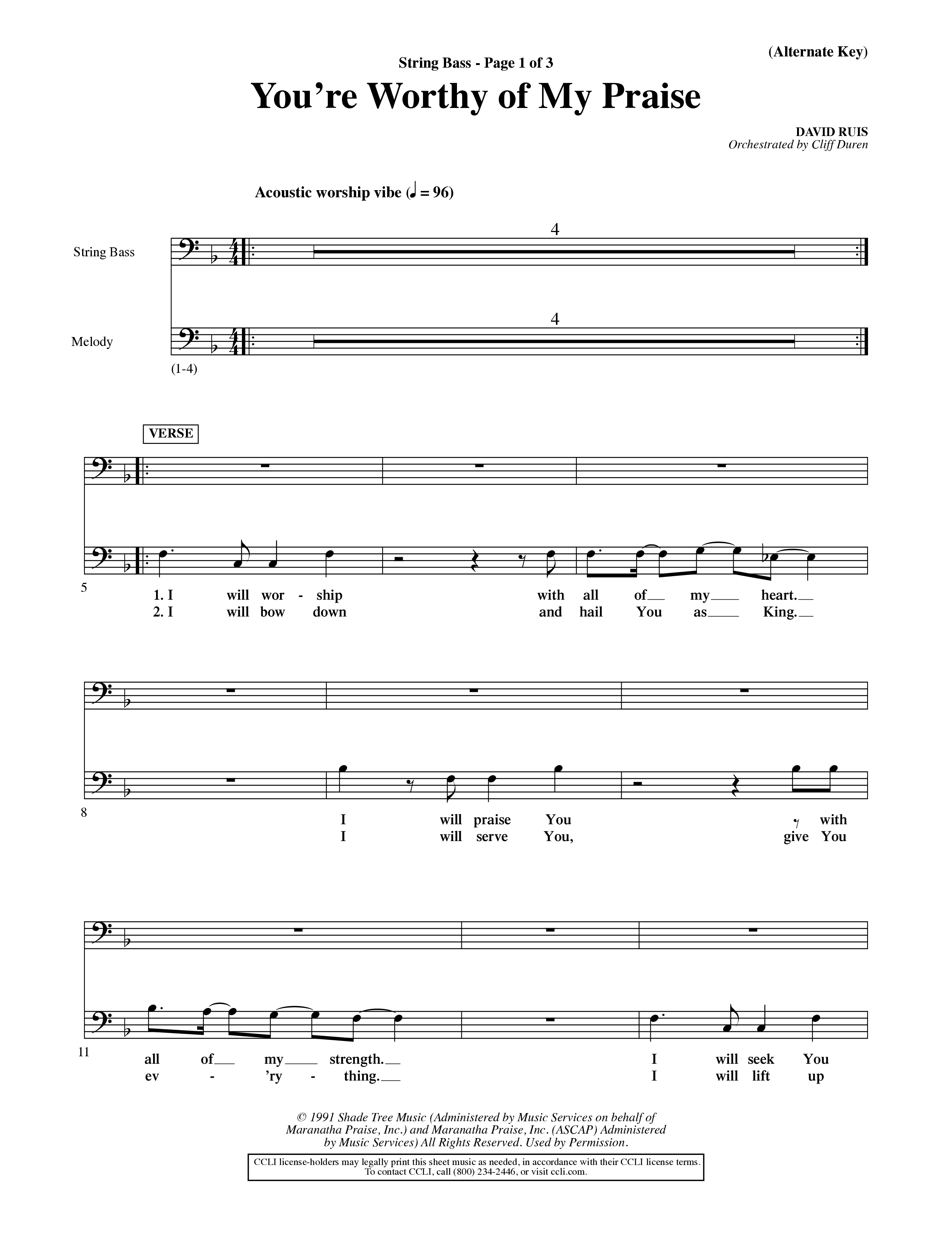 You're Worthy Of My Praise (Choral Anthem SATB) String Bass (Word Music Choral / Orch. Cliff Duren)