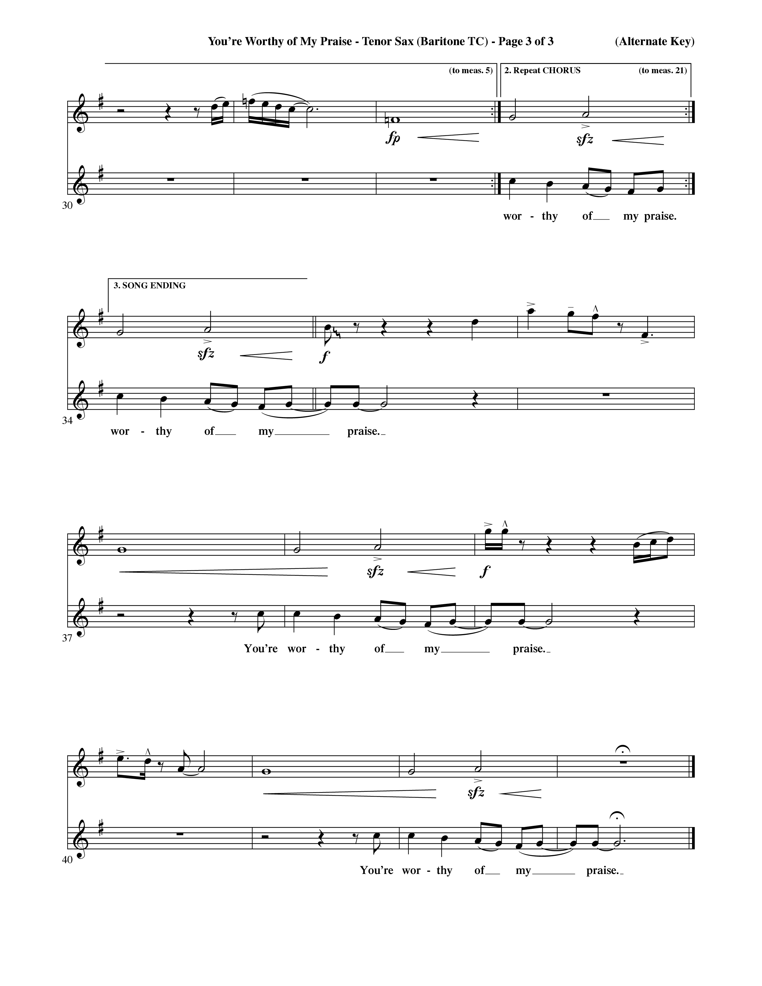 You're Worthy Of My Praise (Choral Anthem SATB) Tenor Sax/Baritone T.C. (Word Music Choral / Orch. Cliff Duren)