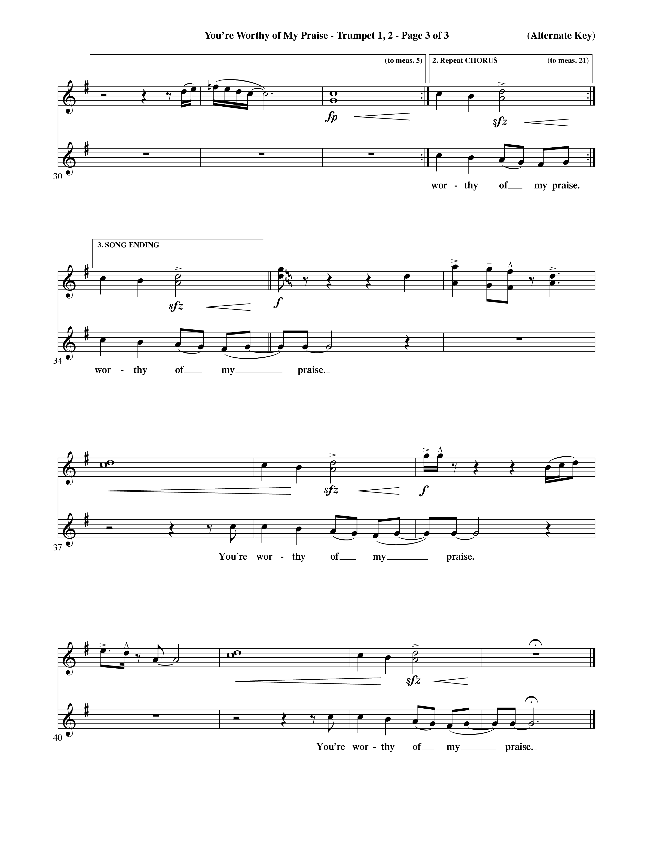 You're Worthy Of My Praise (Choral Anthem SATB) Trumpet 1,2 (Word Music Choral / Orch. Cliff Duren)
