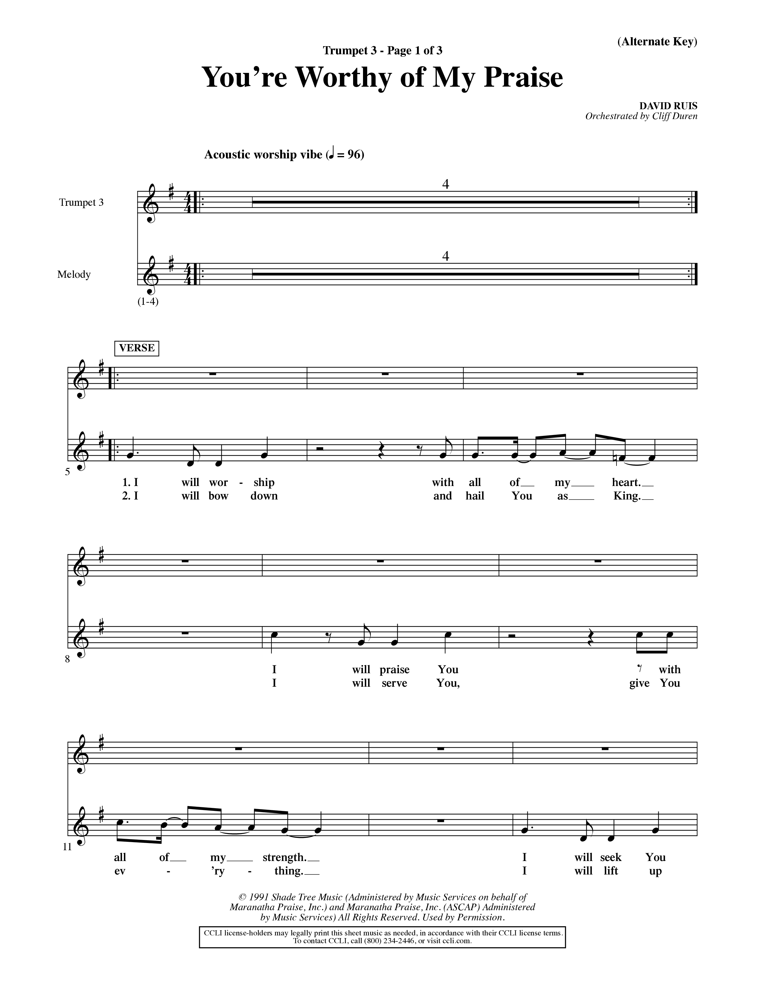 You're Worthy Of My Praise (Choral Anthem SATB) Trumpet 3 (Word Music Choral / Orch. Cliff Duren)