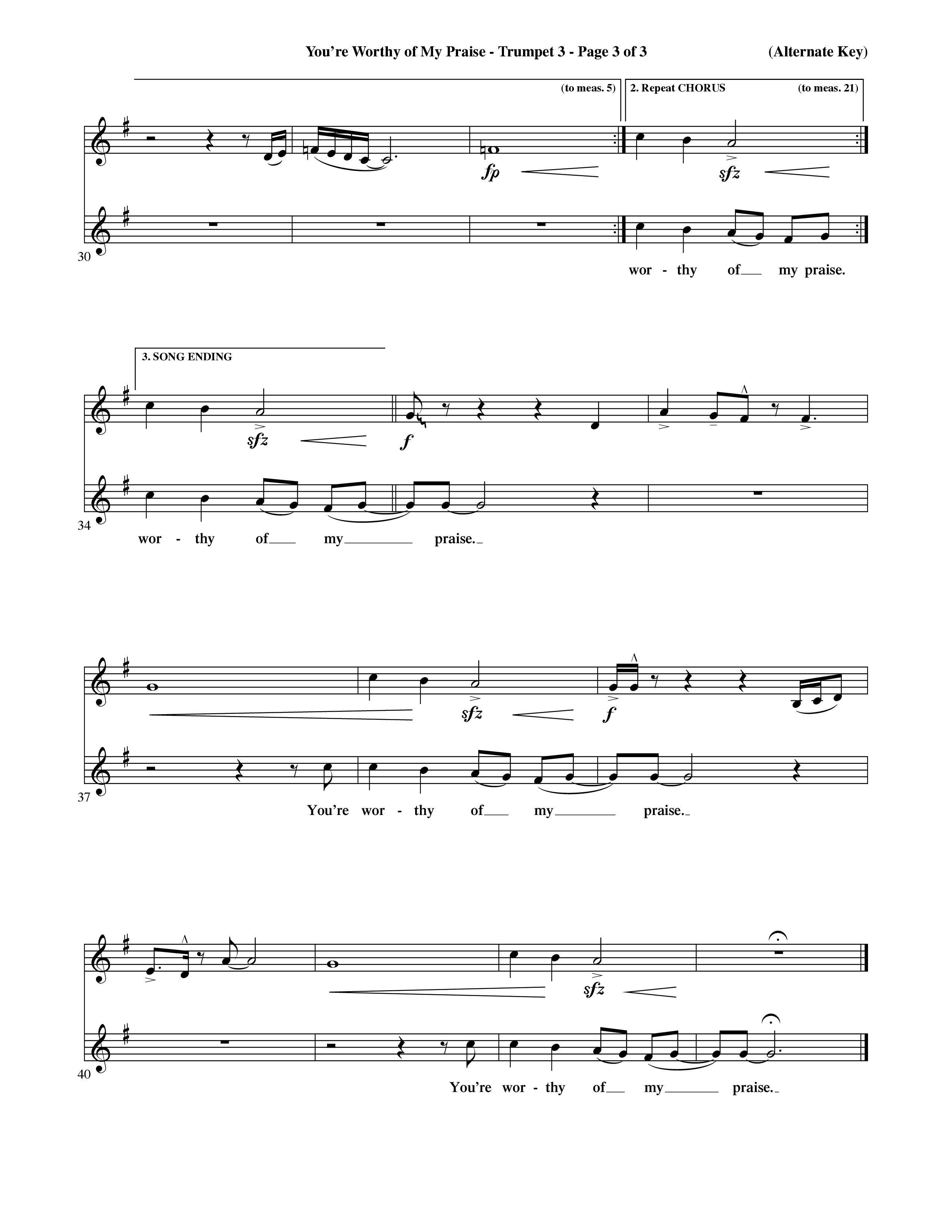 You're Worthy Of My Praise (Choral Anthem SATB) Trumpet 3 (Word Music Choral / Orch. Cliff Duren)