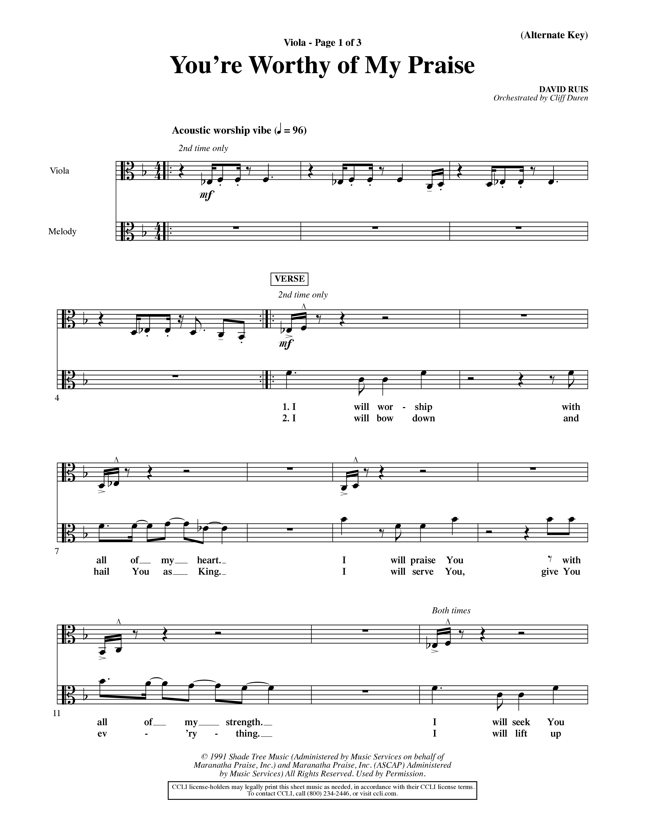 You're Worthy Of My Praise (Choral Anthem SATB) Viola (Word Music Choral / Orch. Cliff Duren)