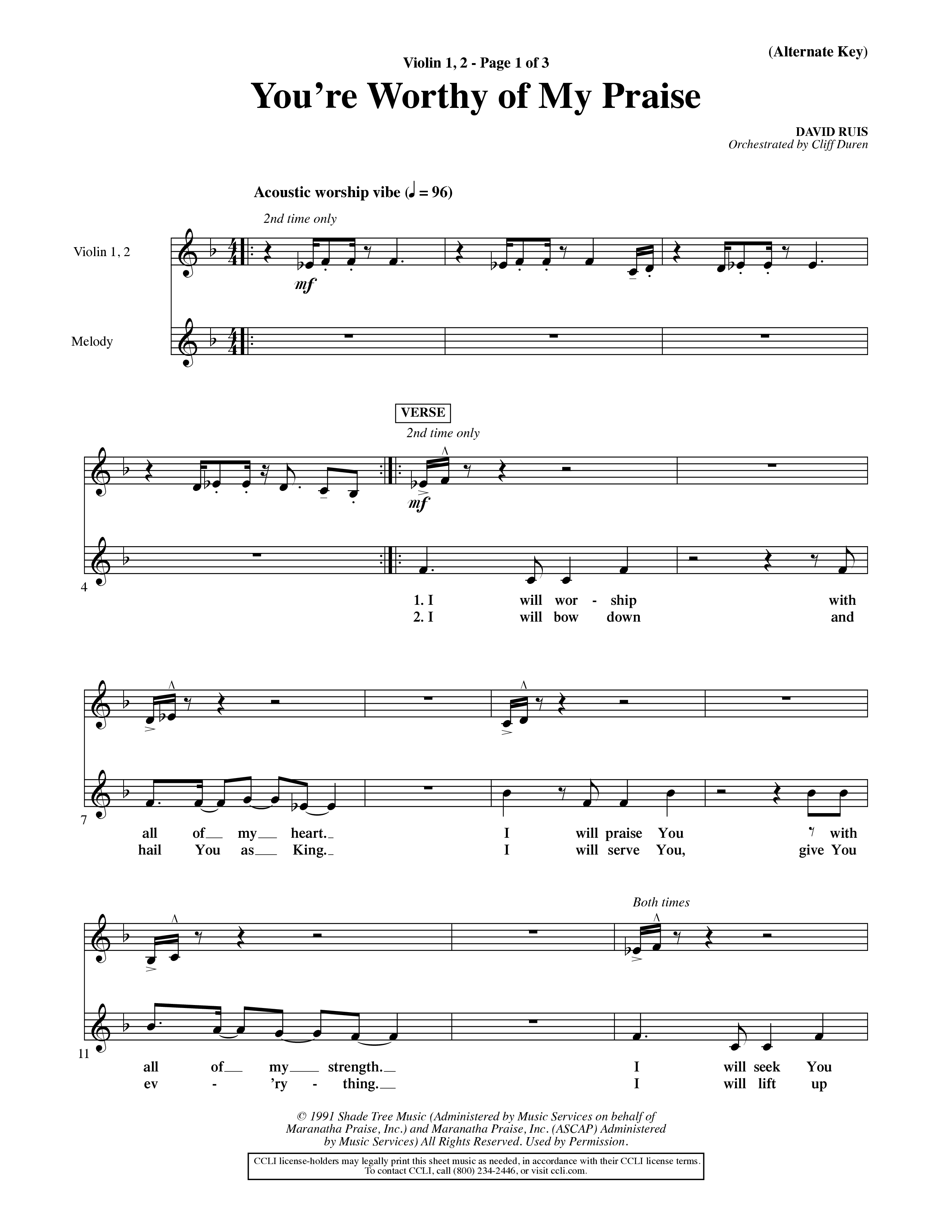 You're Worthy Of My Praise (Choral Anthem SATB) Violin 1/2 (Word Music Choral / Orch. Cliff Duren)