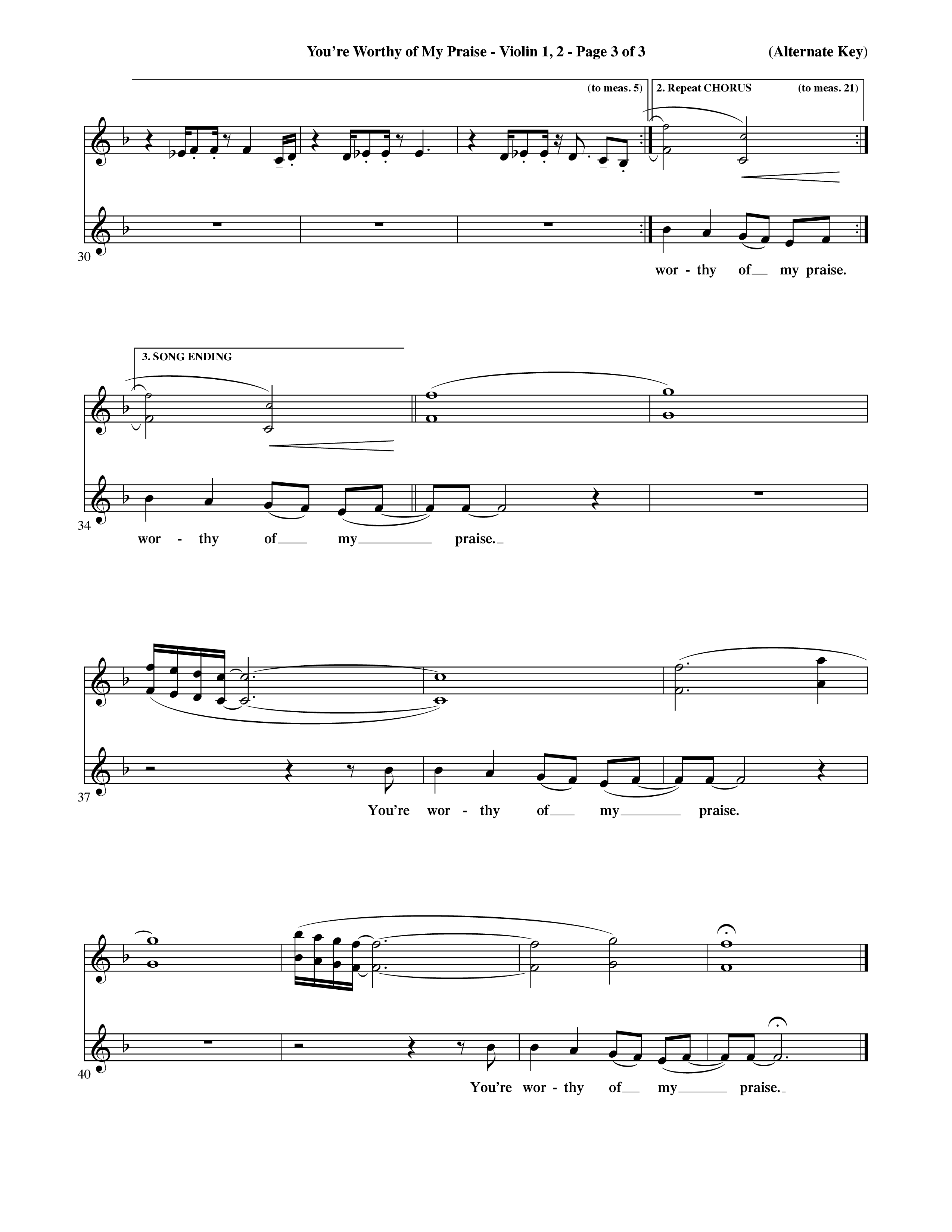 You're Worthy Of My Praise (Choral Anthem SATB) Violin 1/2 (Word Music Choral / Orch. Cliff Duren)
