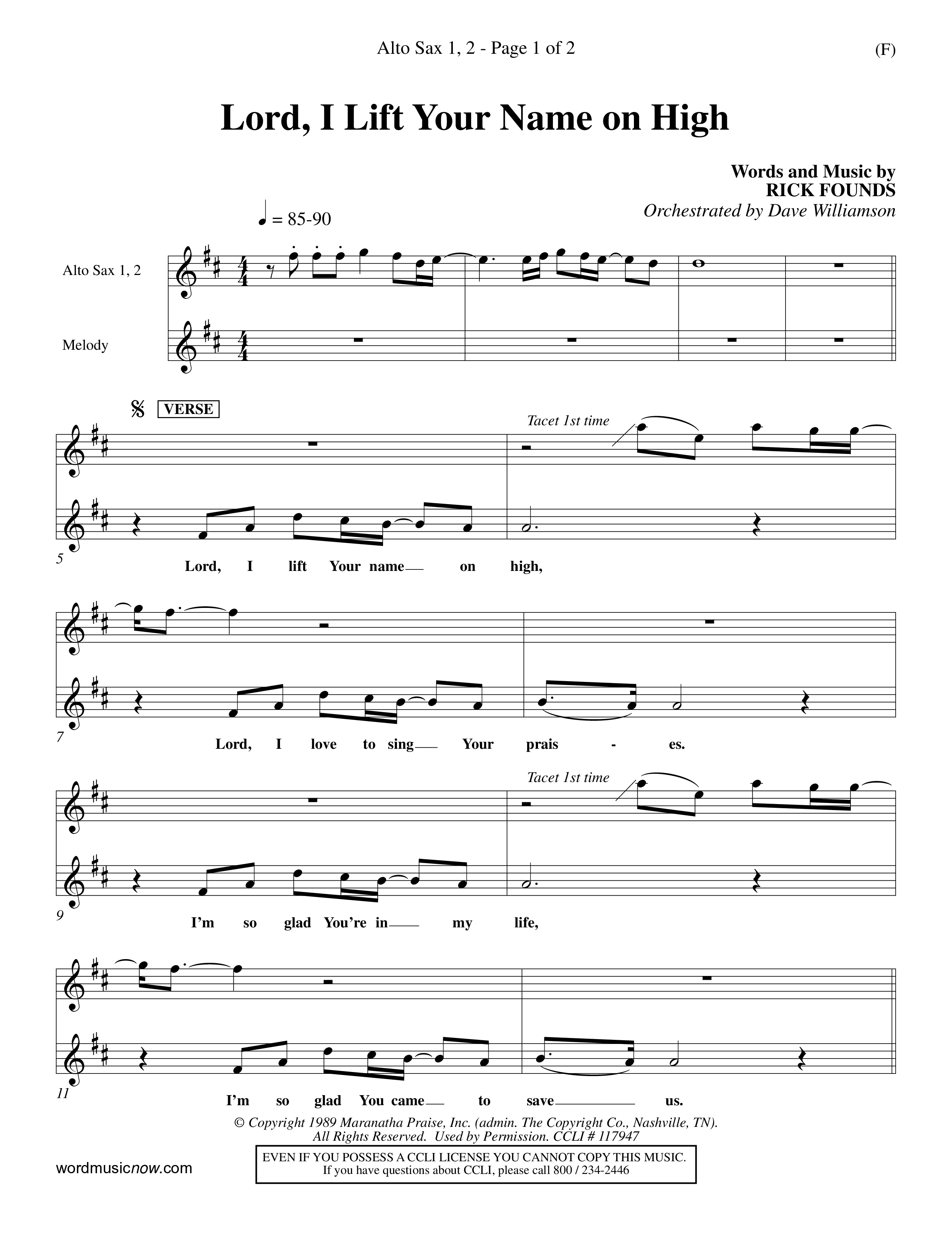 Lord I Lift Your Name On High (Choral Anthem SATB) Alto Sax 1/2 (Word Music Choral / Orch. Dave Williamson)