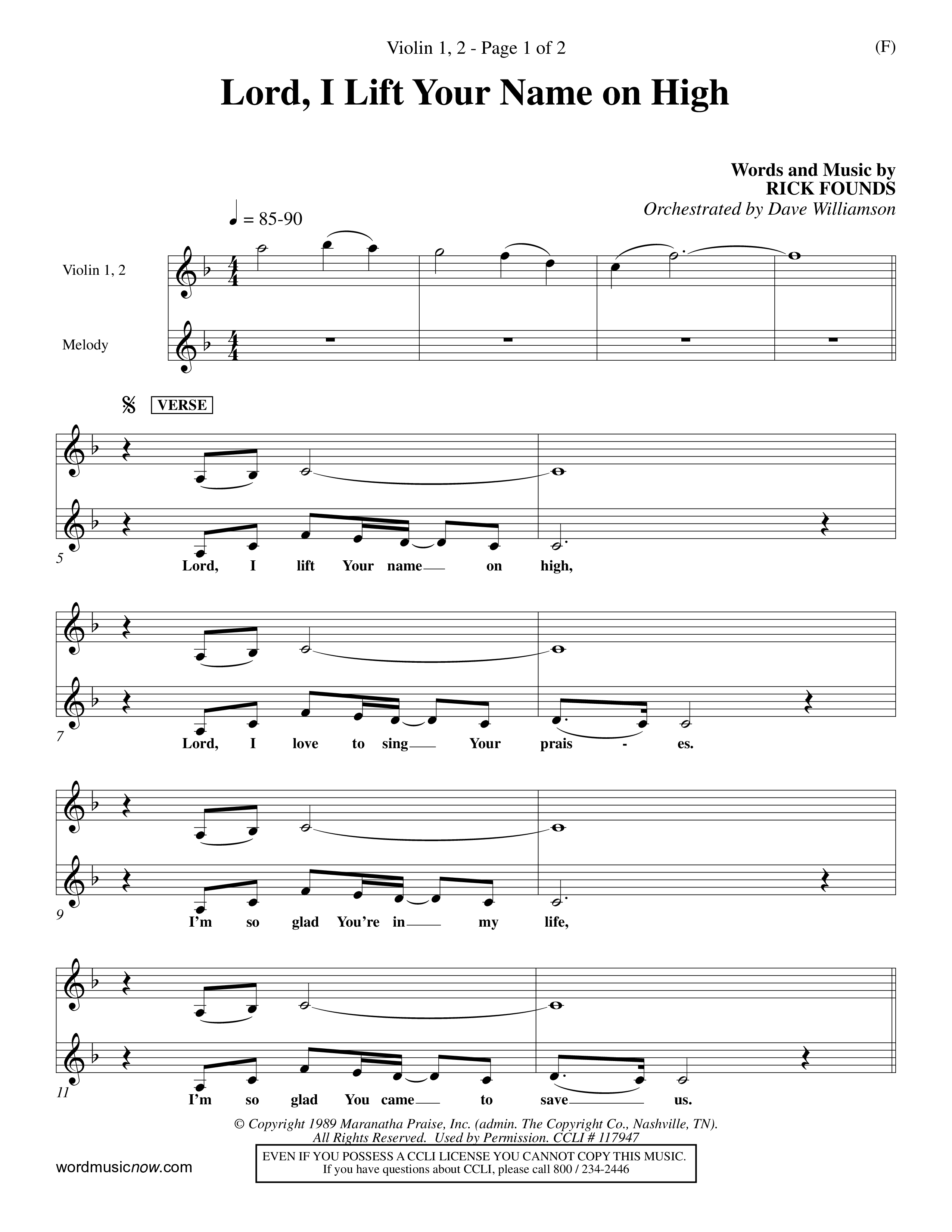 Lord I Lift Your Name On High (Choral Anthem SATB) Violin 1/2 (Word Music Choral / Orch. Dave Williamson)