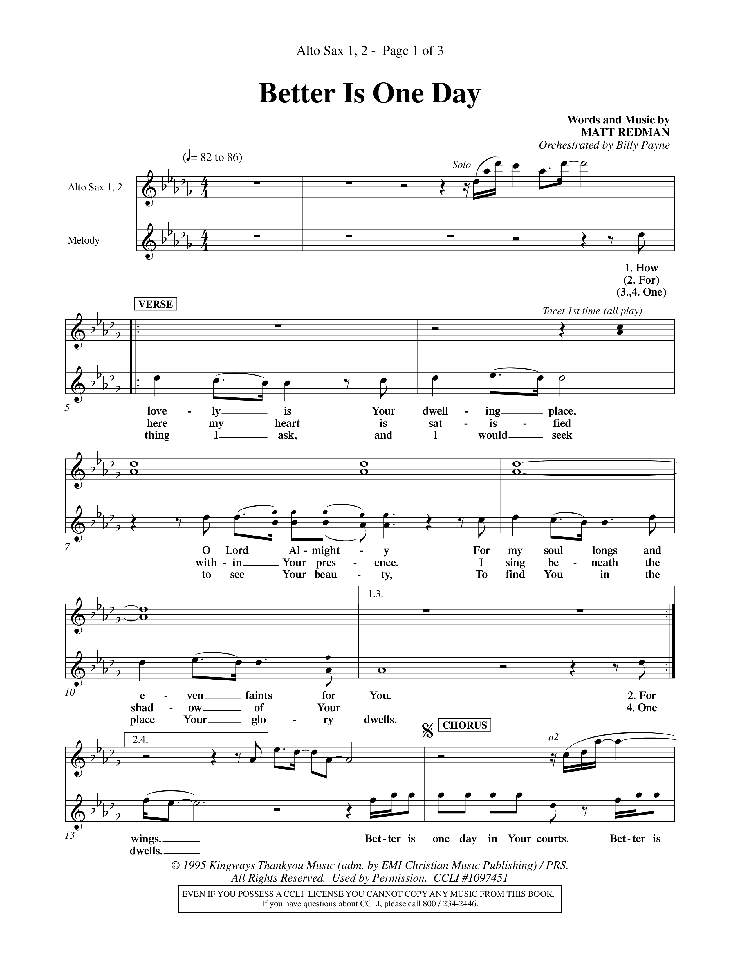 Better Is One Day (Choral Anthem SATB) Alto Sax 1/2 (Word Music Choral / Orch. Billy Payne)
