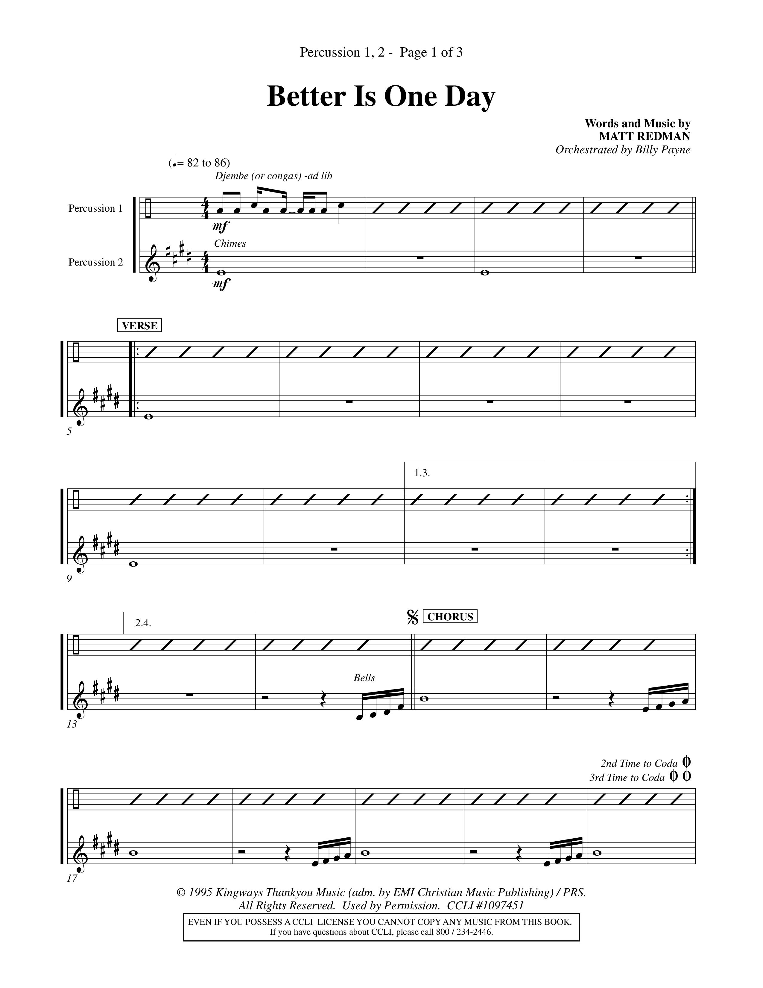 Better Is One Day (Choral Anthem SATB) Percussion 1/2 (Word Music Choral / Orch. Billy Payne)