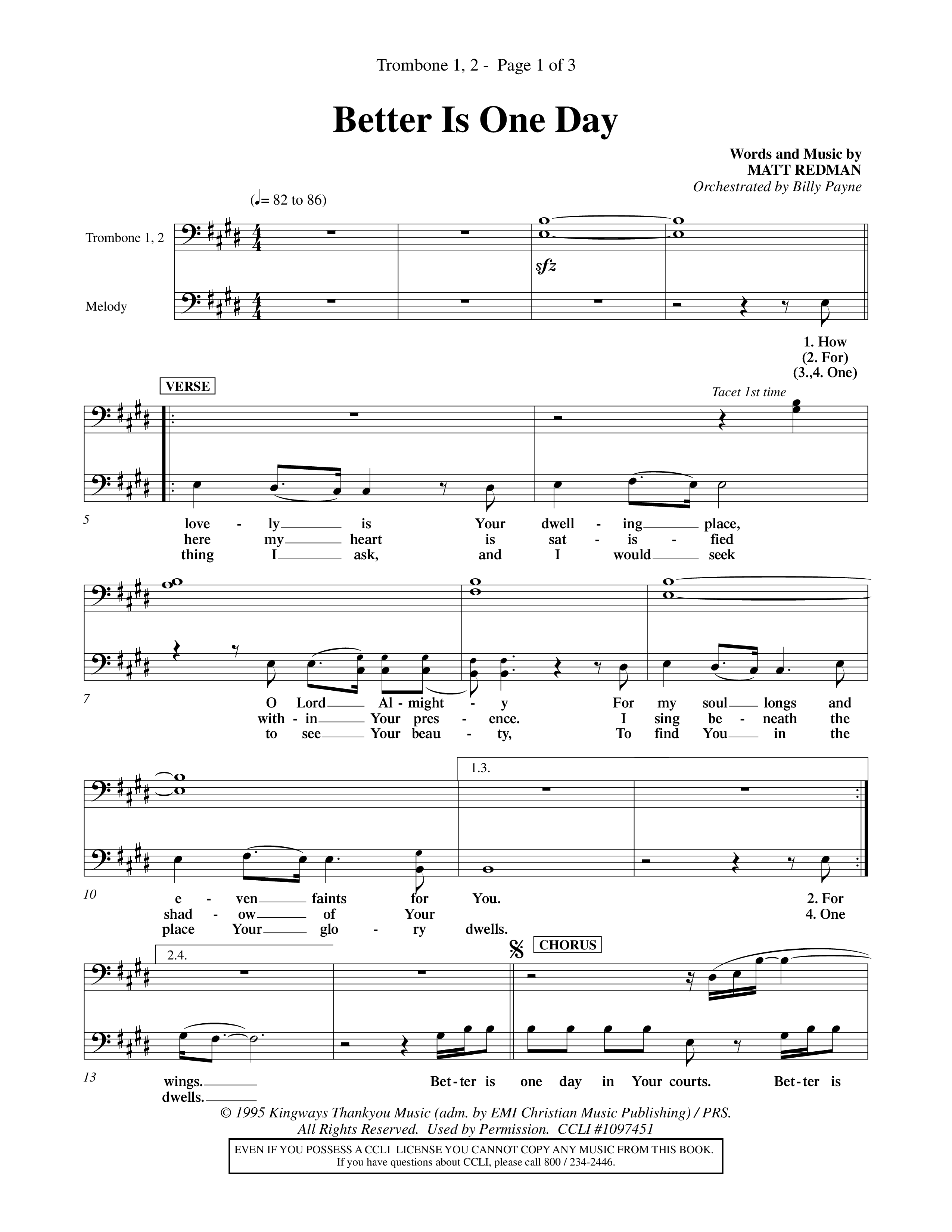 Better Is One Day (Choral Anthem SATB) Trombone 1/2 (Word Music Choral / Orch. Billy Payne)
