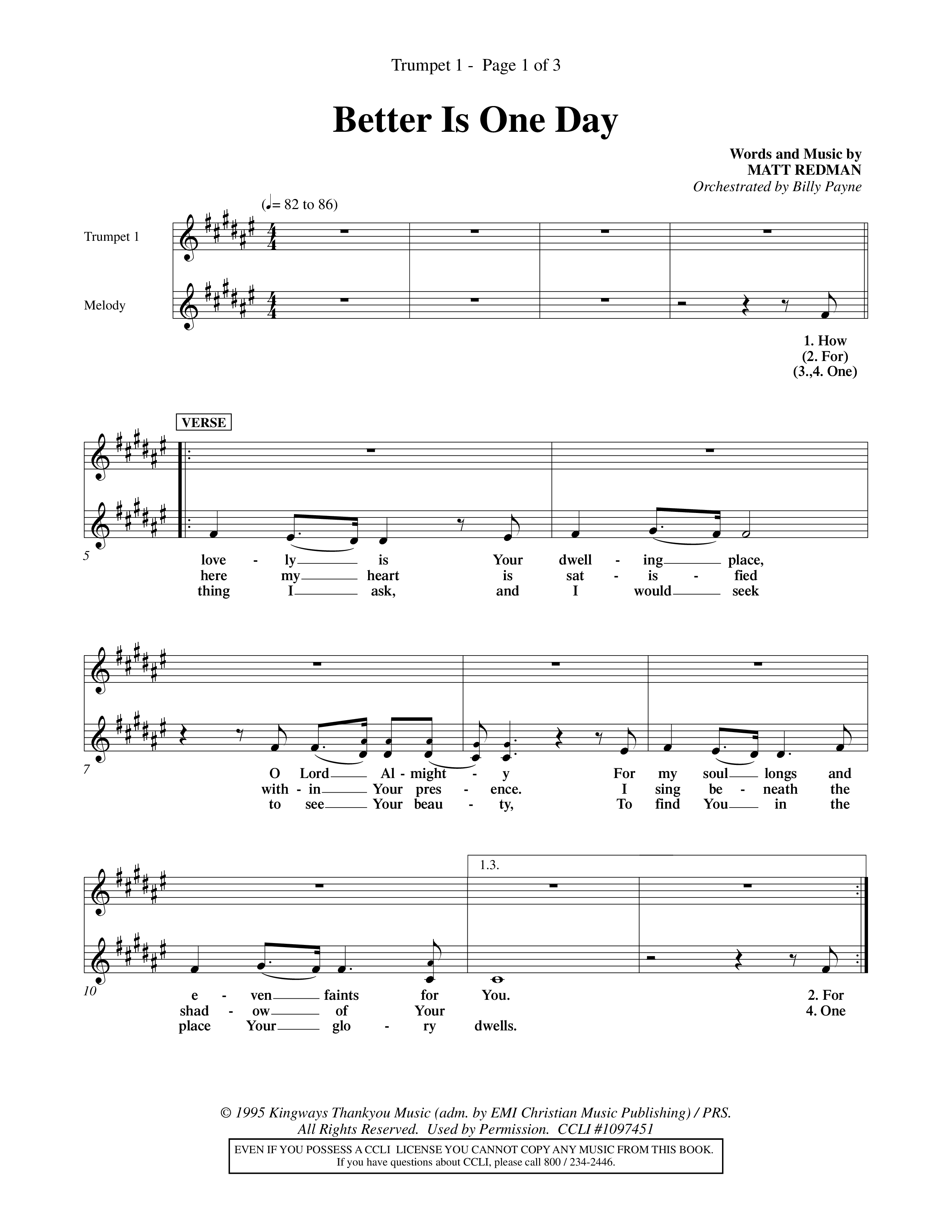 Better Is One Day (Choral Anthem SATB) Trumpet 1 (Word Music Choral / Orch. Billy Payne)