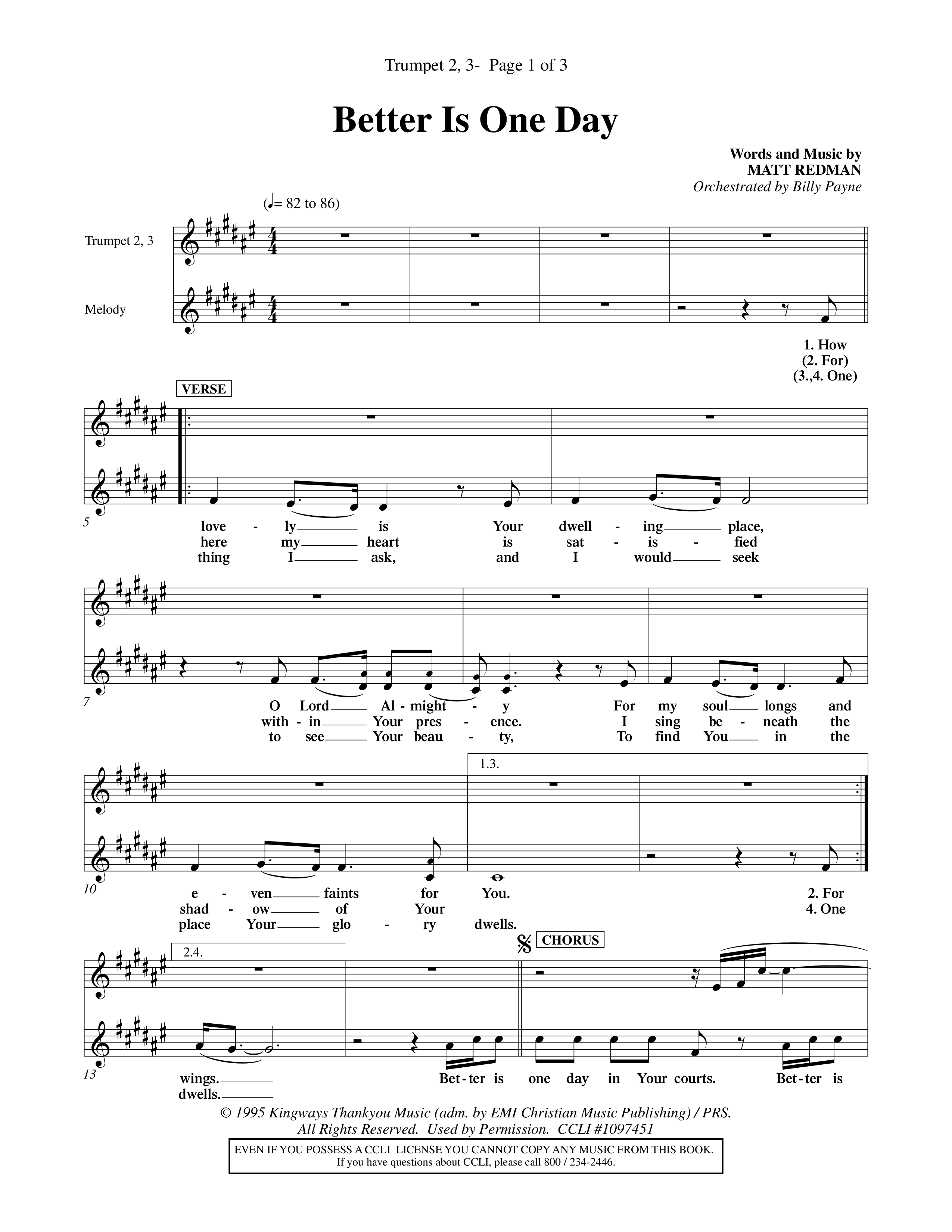 Better Is One Day (Choral Anthem SATB) Trumpet 2/3 (Word Music Choral / Orch. Billy Payne)