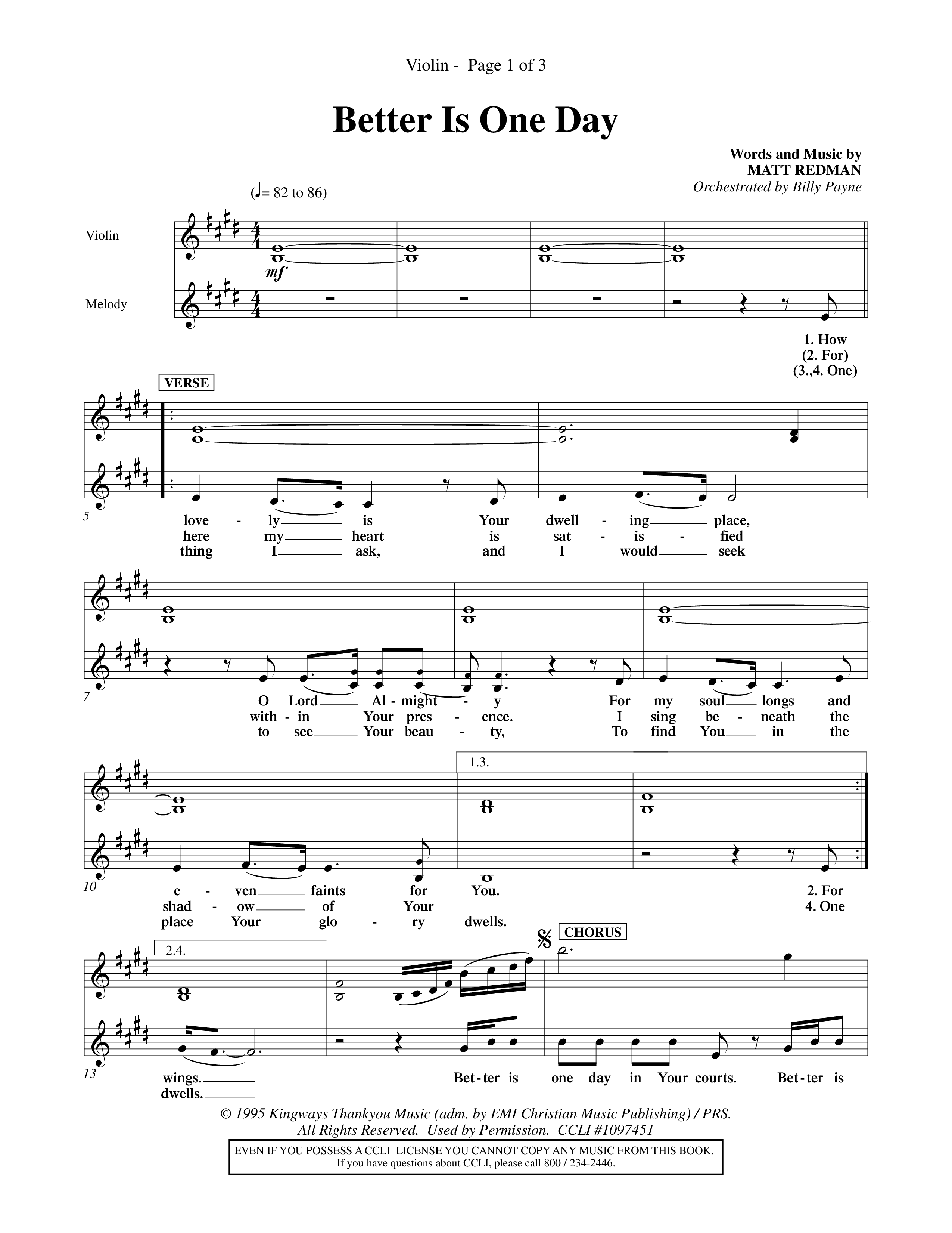 Better Is One Day (Choral Anthem SATB) Violin 1/2 (Word Music Choral / Orch. Billy Payne)