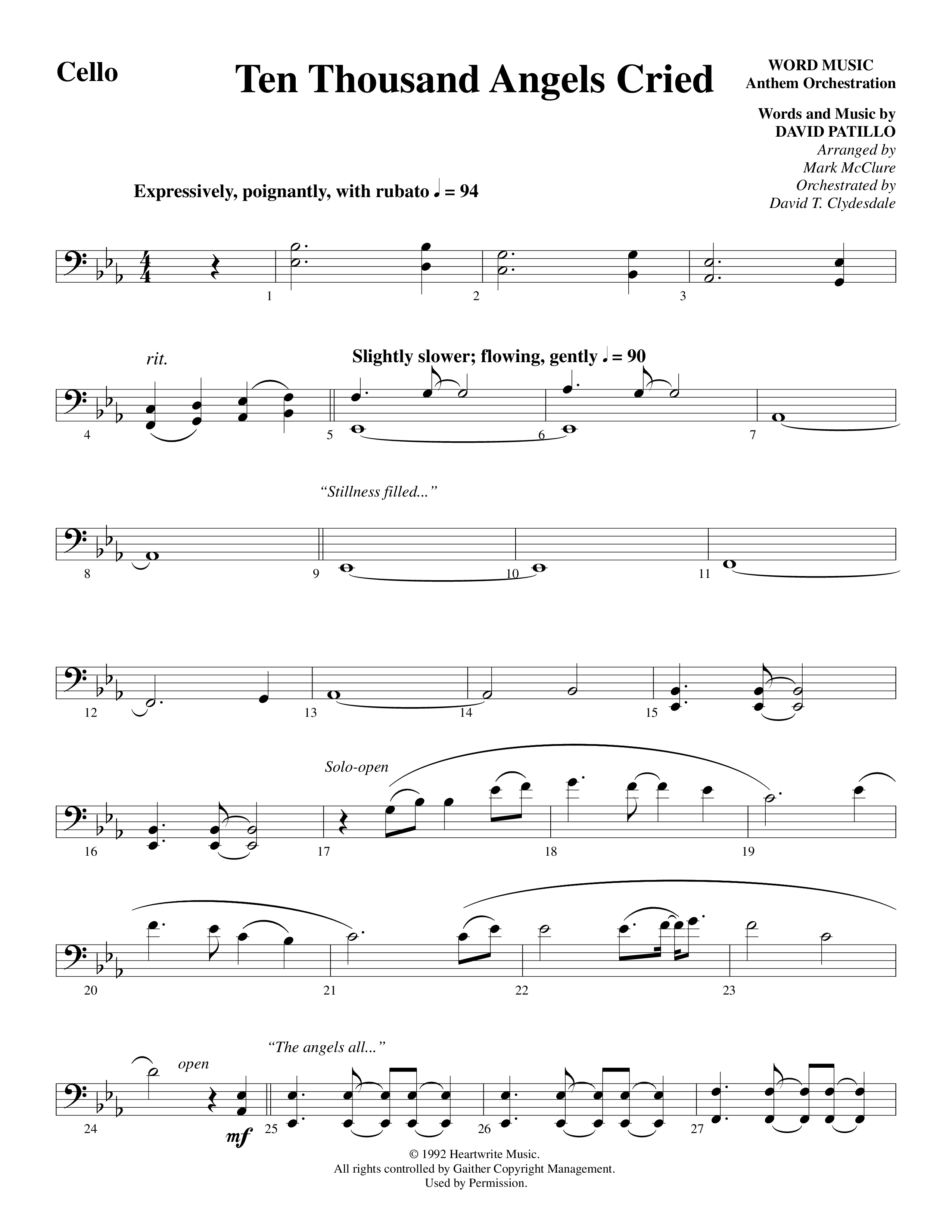 Ten Thousand Angels Cried (Choral Anthem SATB) Cello (Word Music Choral / David Patillo)