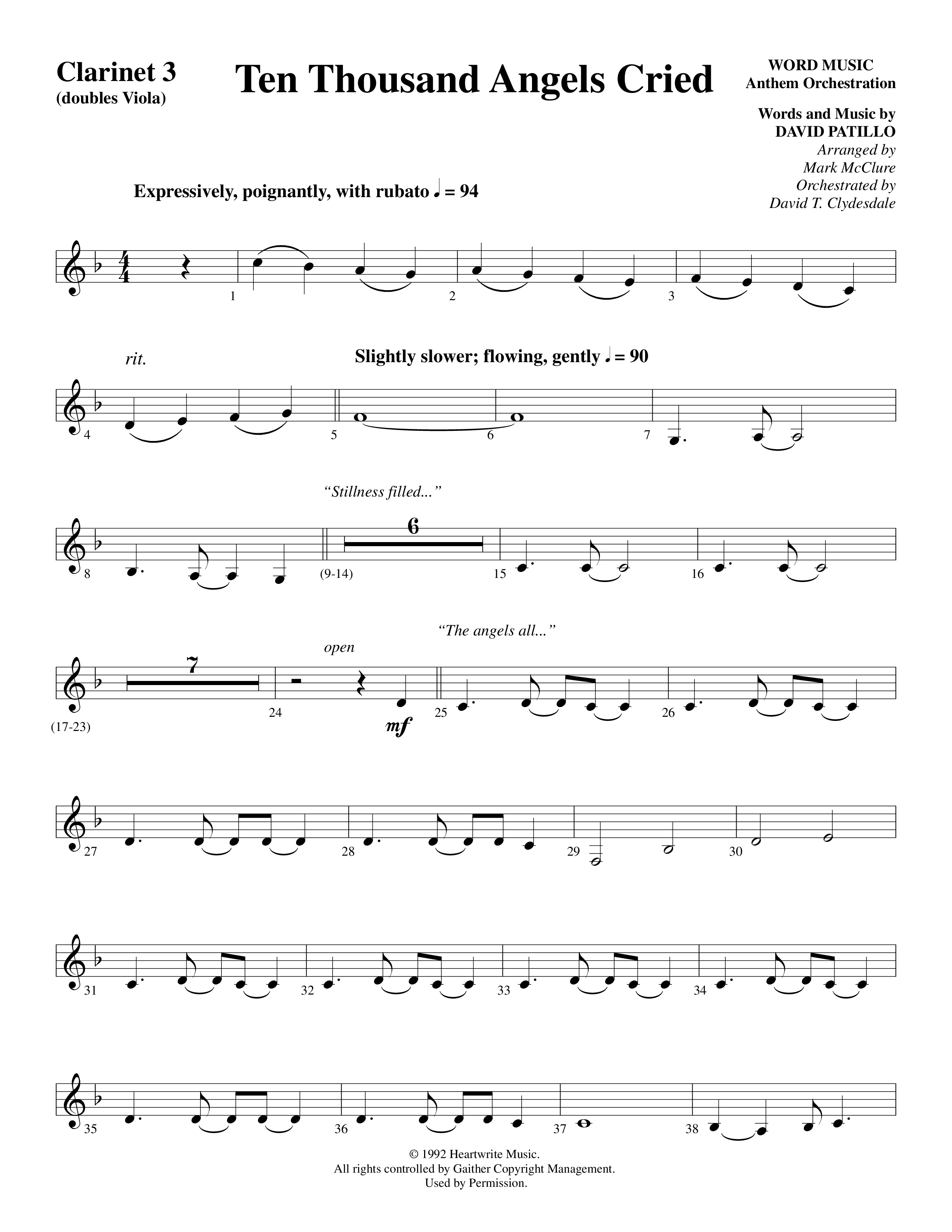 Ten Thousand Angels Cried (Choral Anthem SATB) Clarinet 3 (Word Music Choral / David Patillo)
