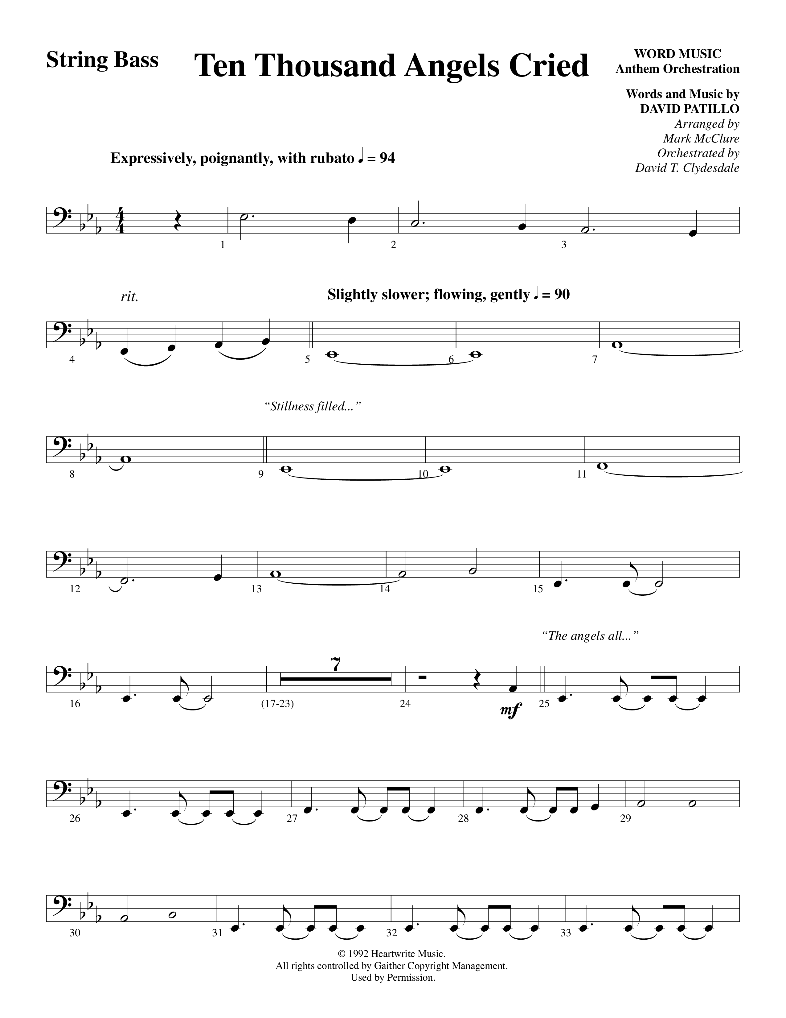 Ten Thousand Angels Cried (Choral Anthem SATB) String Bass (Word Music Choral / David Patillo)