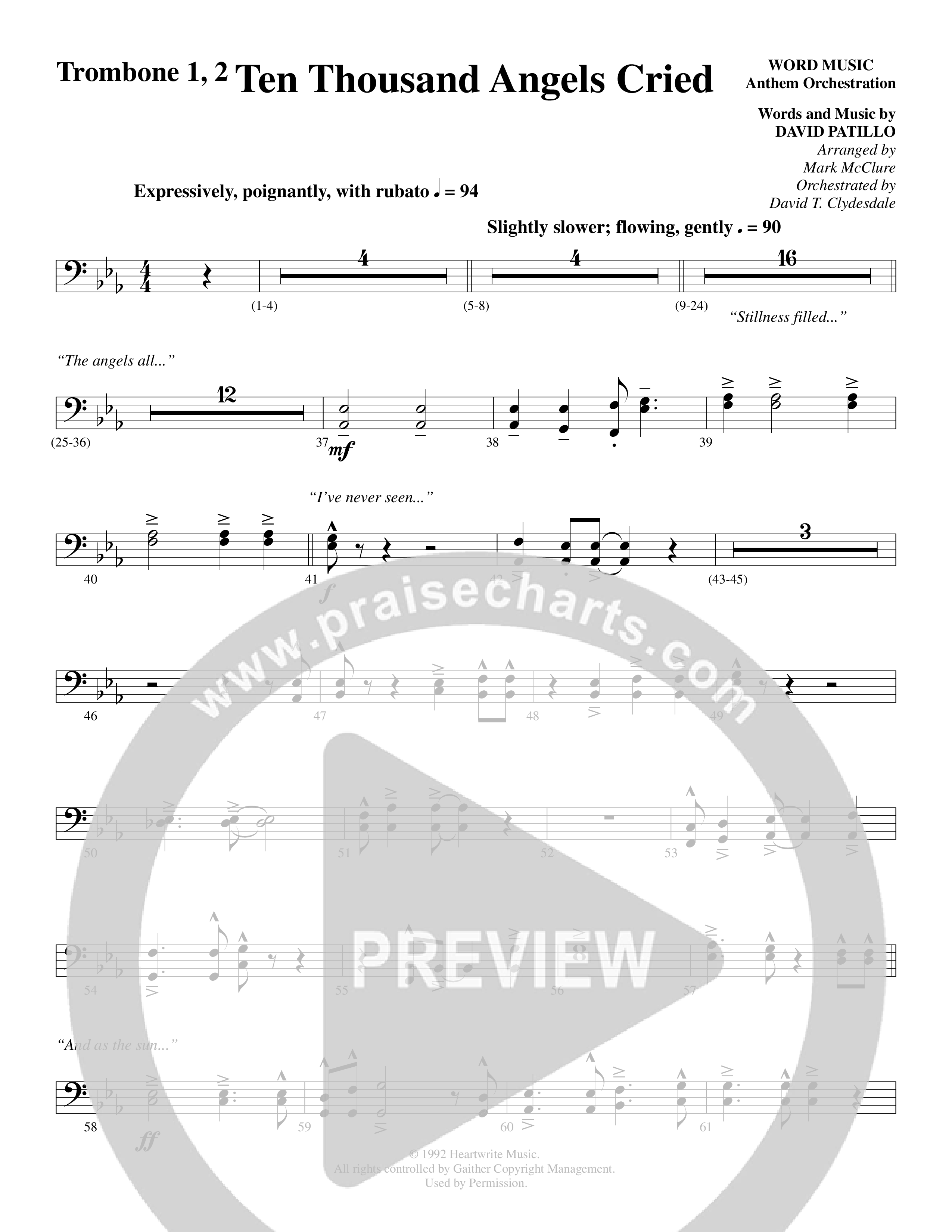 Ten Thousand Angels Cried (Choral Anthem SATB) Trombone 1/2 (Word Music Choral / David Patillo)