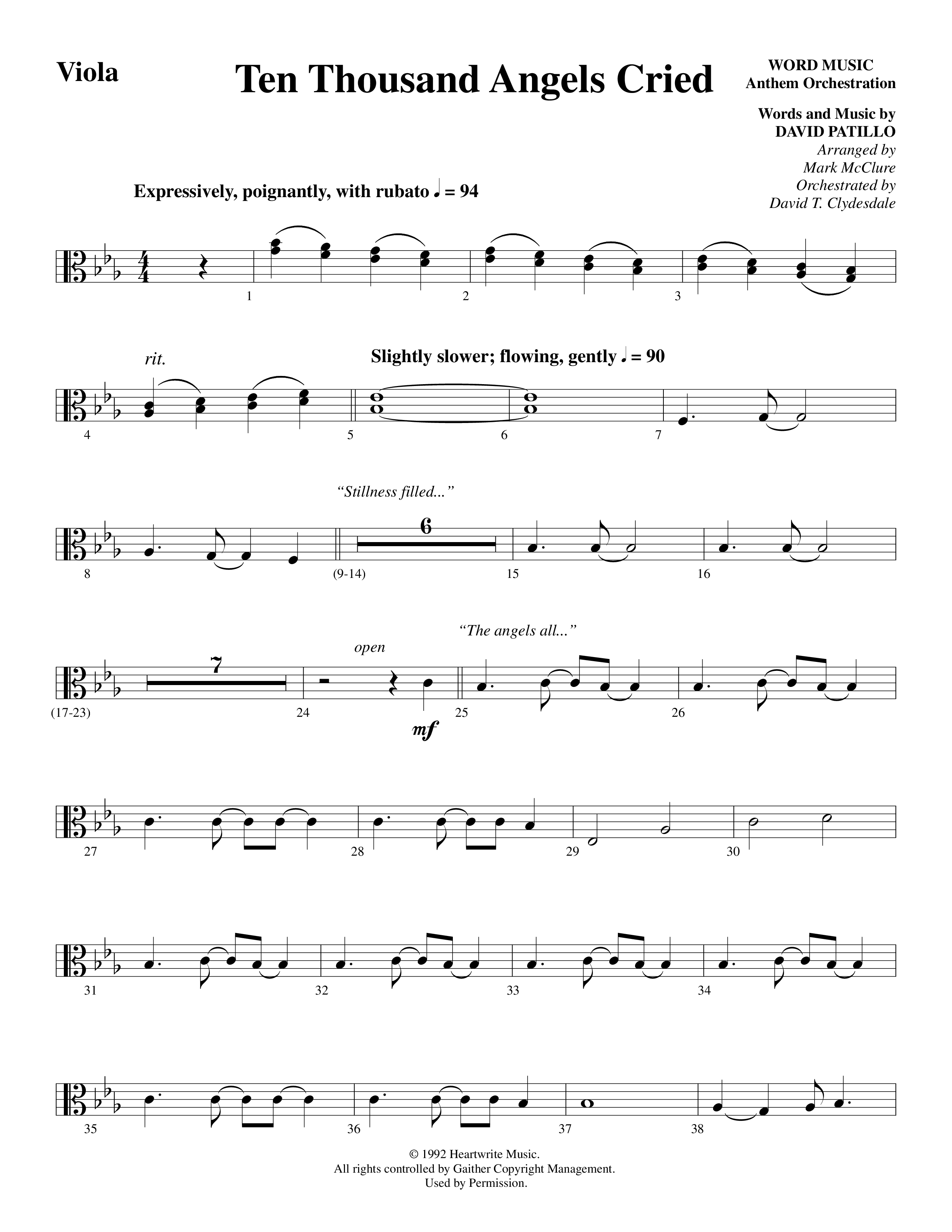 Ten Thousand Angels Cried (Choral Anthem SATB) Viola (Word Music Choral / David Patillo)
