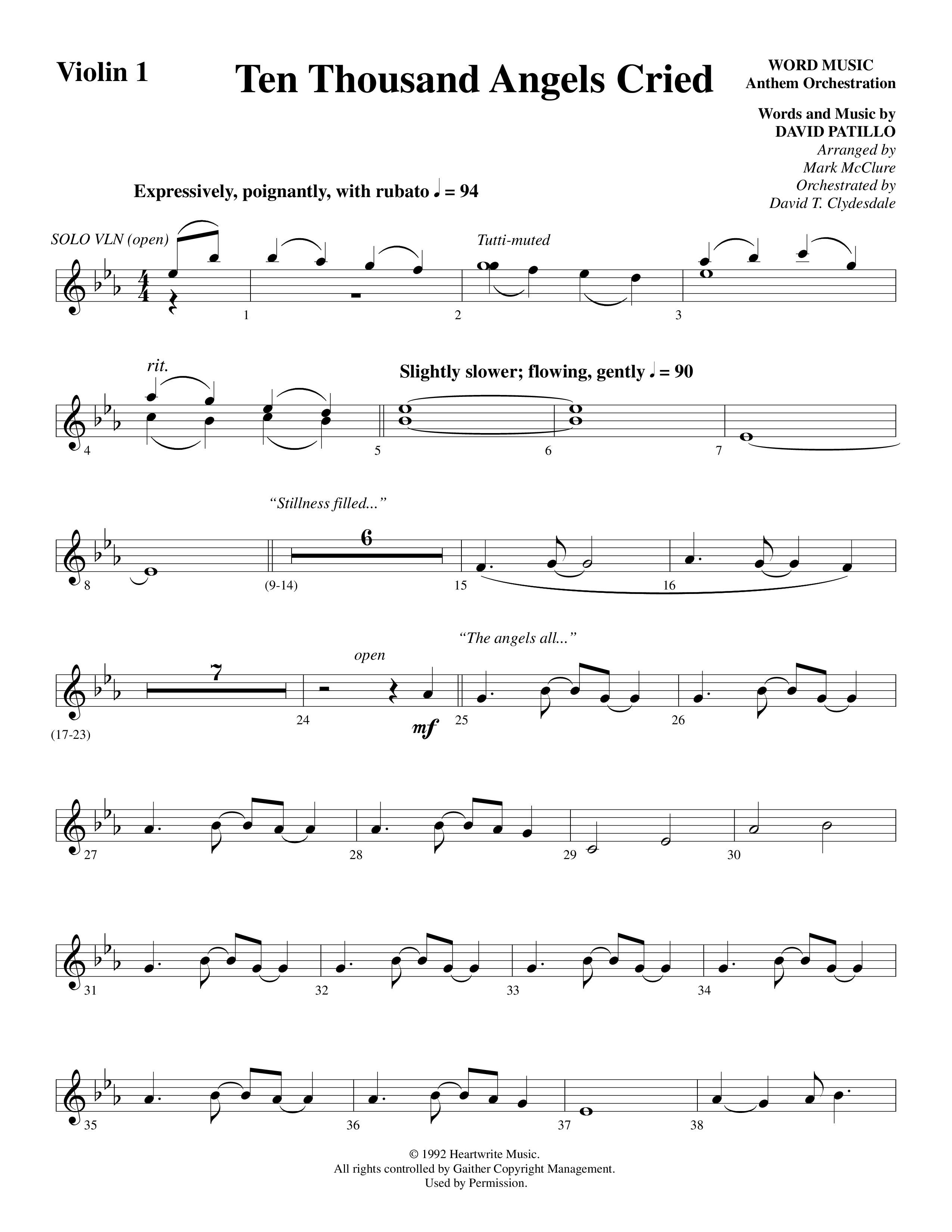 Ten Thousand Angels Cried (Choral Anthem SATB) Violin 1/2 (Word Music Choral / David Patillo)