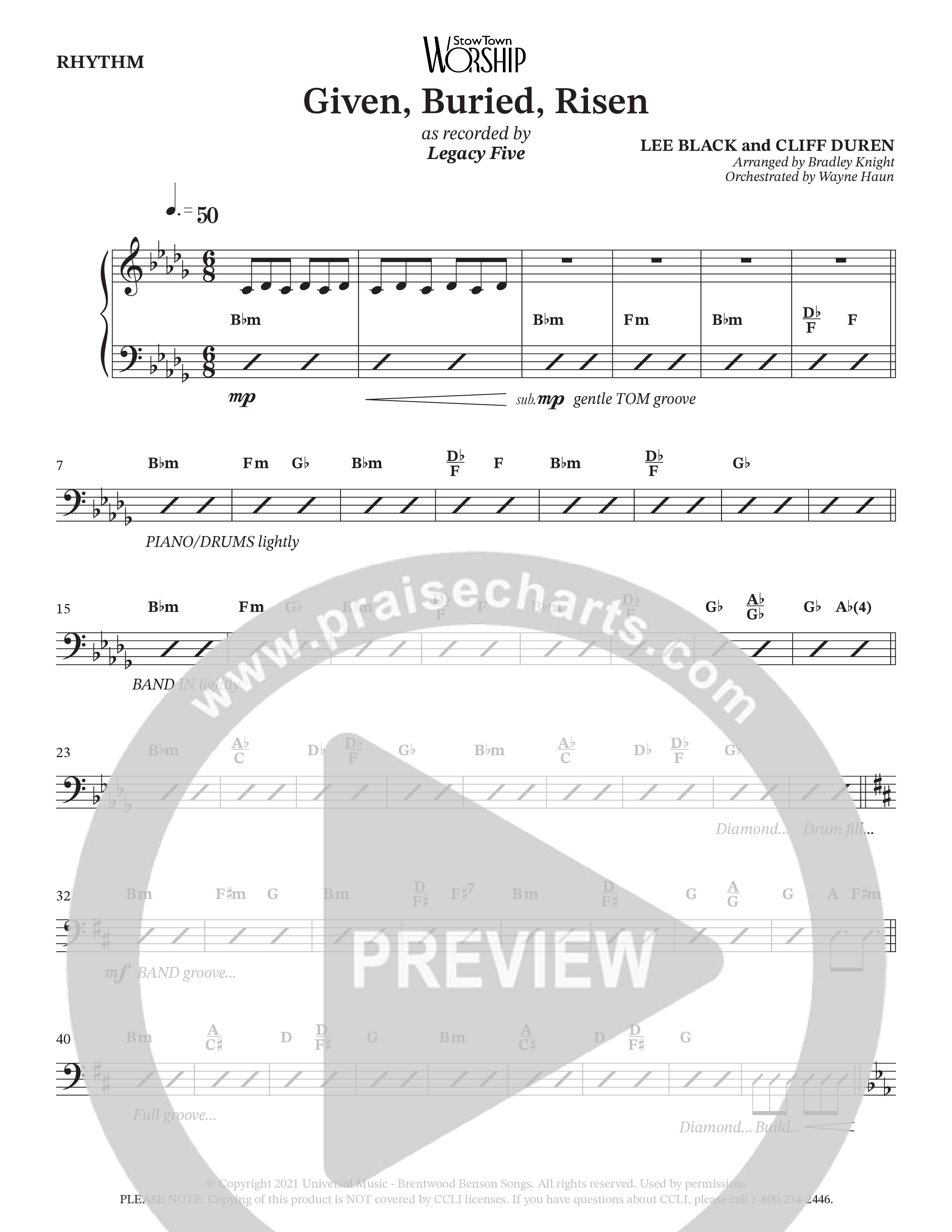 Given Buried Risen (Choral Anthem SATB) Rhythm Chart (StowTown Worship / Arr. Bradley Knight / Orch. Wayne Haun)
