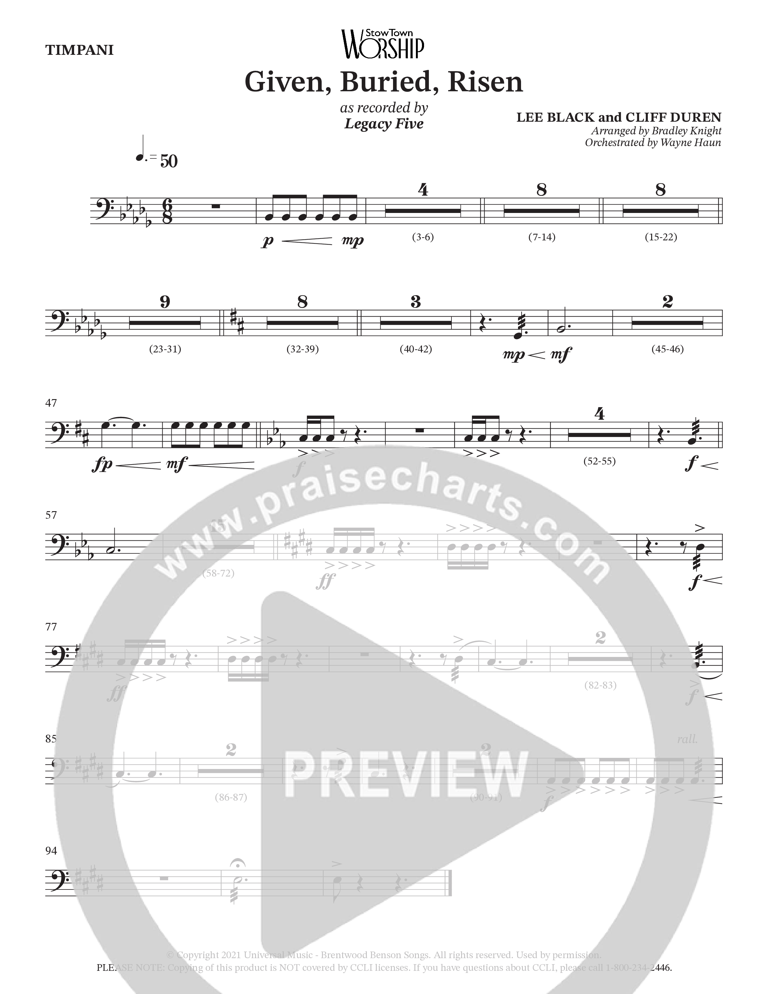 Given Buried Risen (Choral Anthem SATB) Timpani (StowTown Worship / Arr. Bradley Knight / Orch. Wayne Haun)