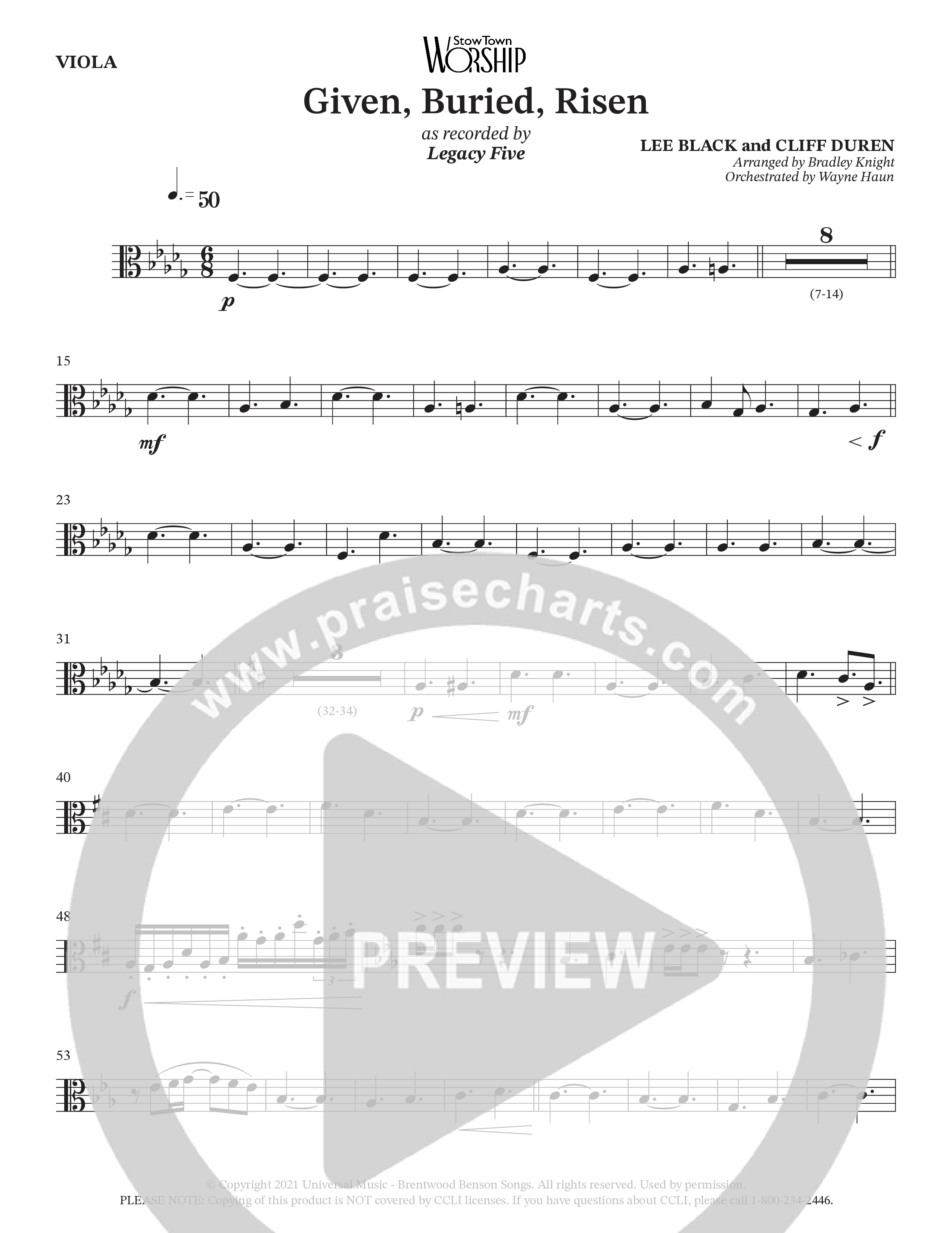 Given Buried Risen (Choral Anthem SATB) Viola (StowTown Worship / Arr. Bradley Knight / Orch. Wayne Haun)