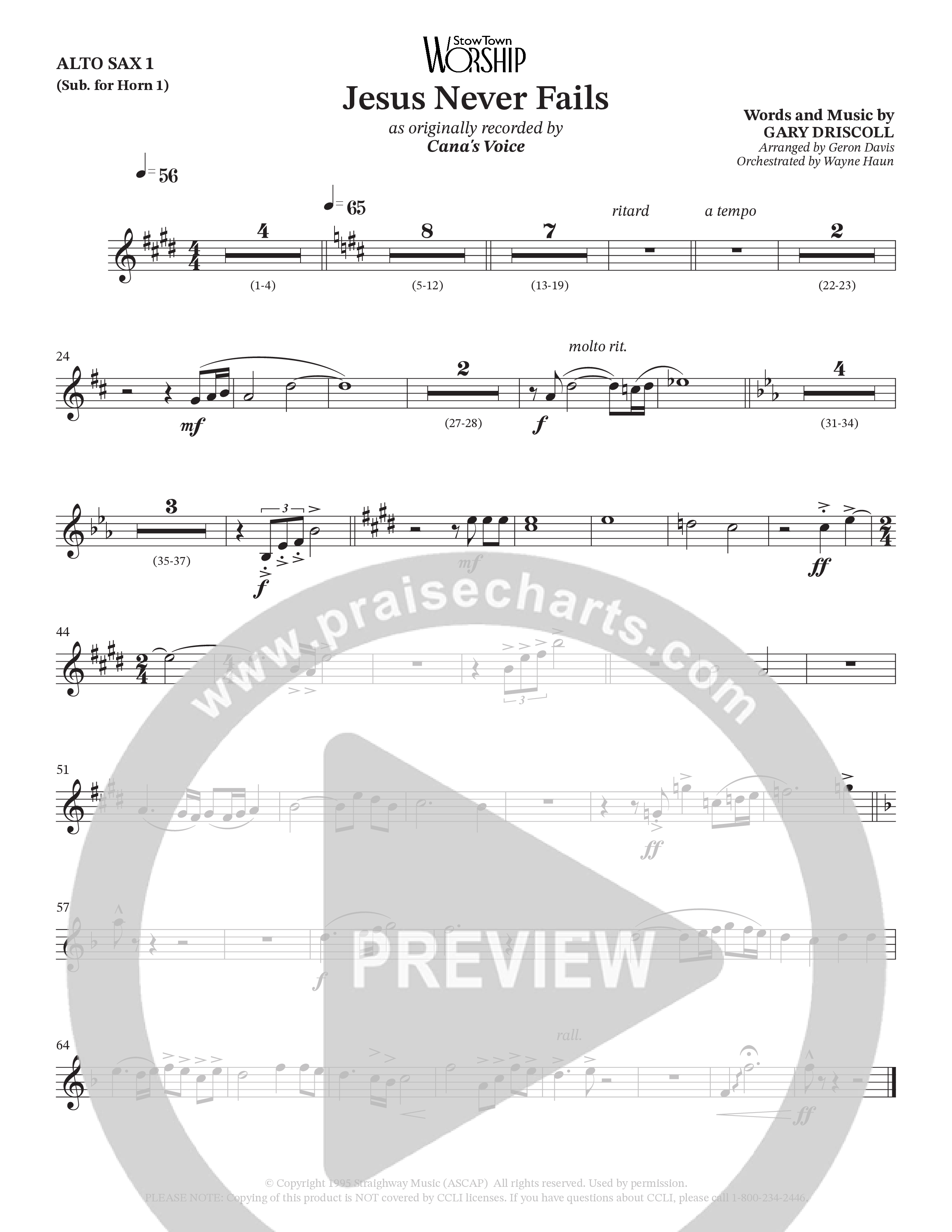 Jesus Never Fails (Choral Anthem SATB) Alto Sax (StowTown Worship / Arr. Geron Davis / Arr. Wayne Haun)