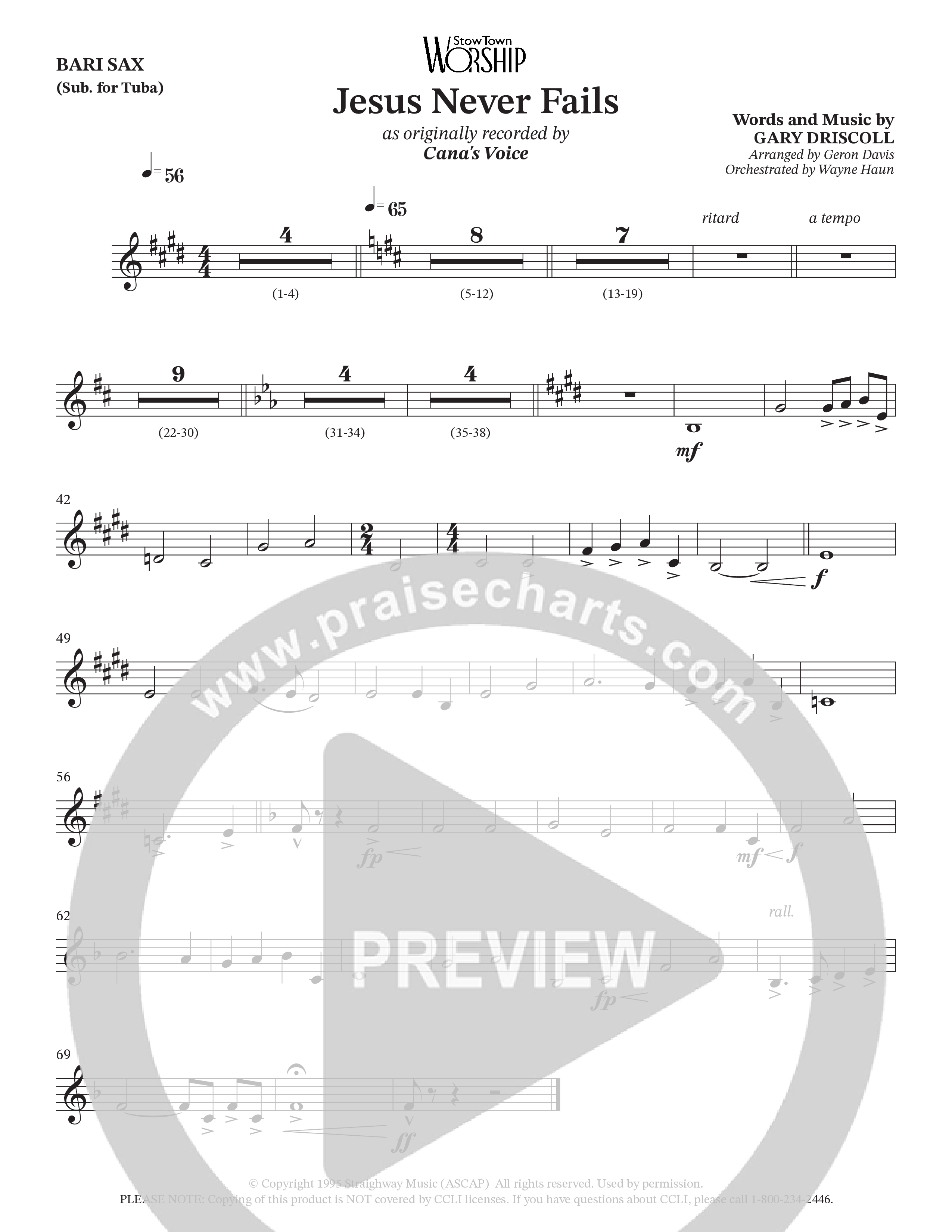 Jesus Never Fails (Choral Anthem SATB) Bari Sax (StowTown Worship / Arr. Geron Davis / Arr. Wayne Haun)