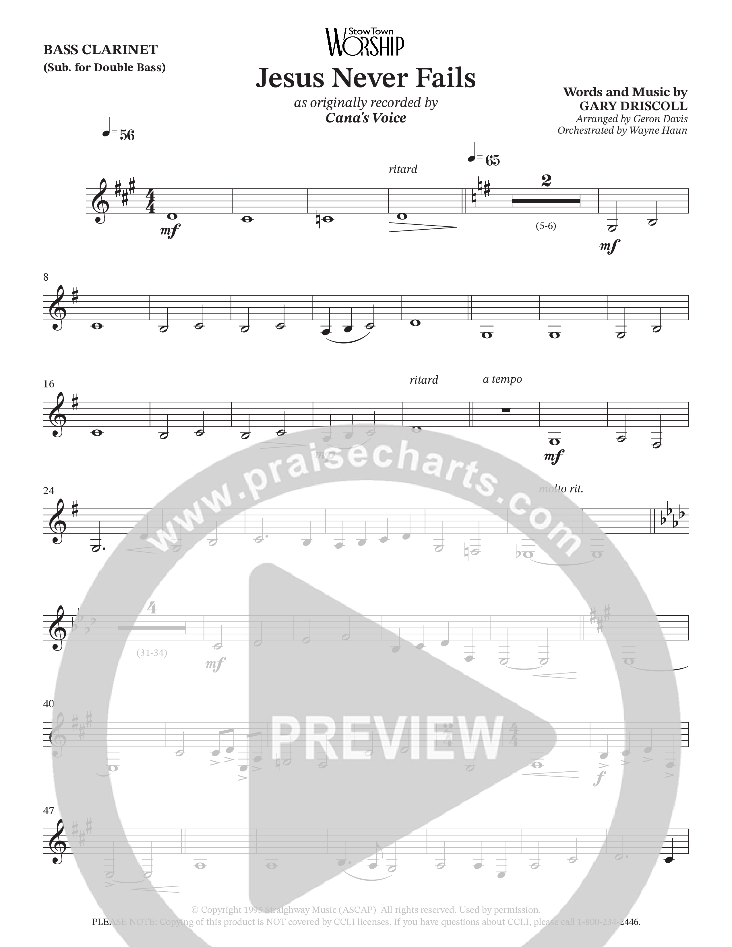 Jesus Never Fails (Choral Anthem SATB) Bass Clarinet (StowTown Worship / Arr. Geron Davis / Arr. Wayne Haun)