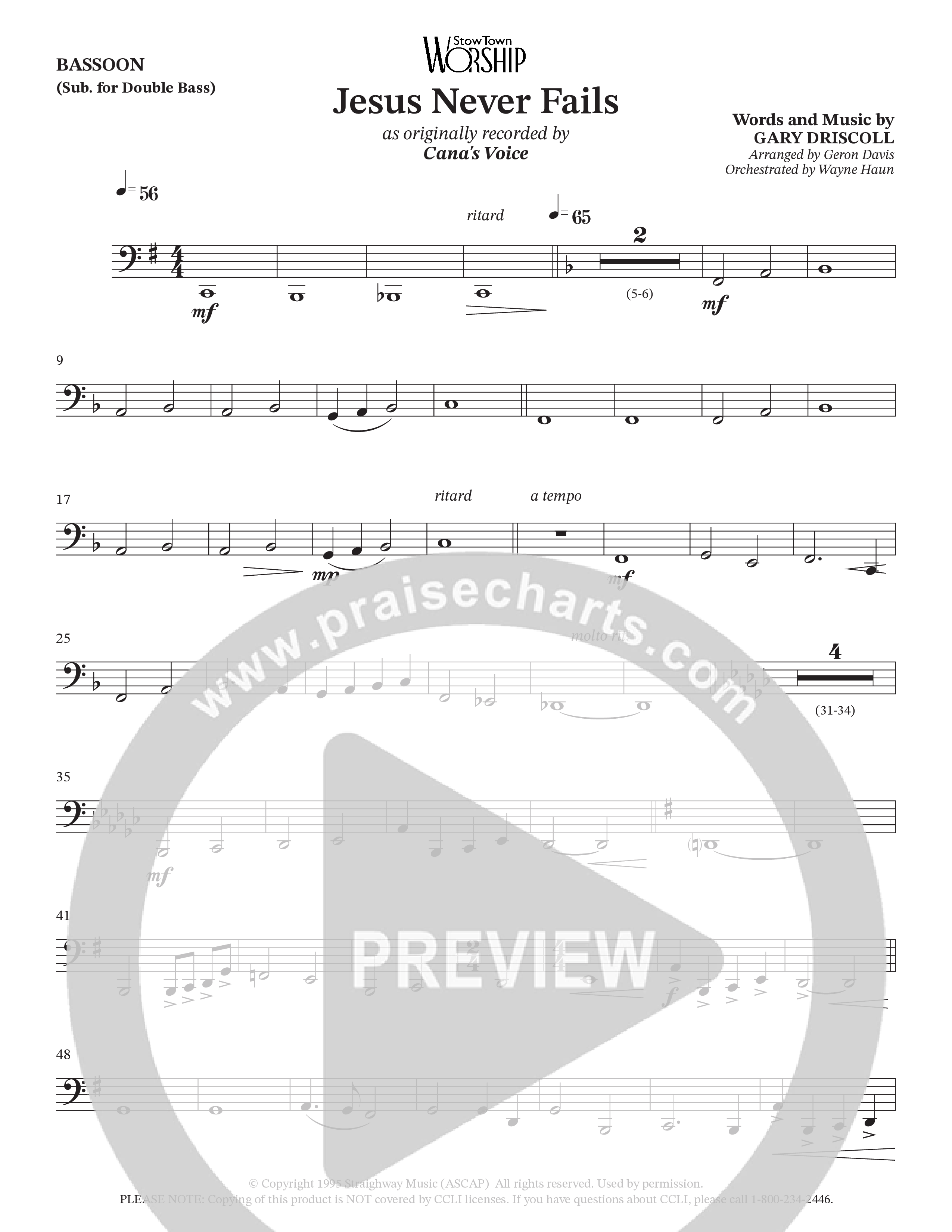 Jesus Never Fails (Choral Anthem SATB) Bassoon (StowTown Worship / Arr. Geron Davis / Arr. Wayne Haun)