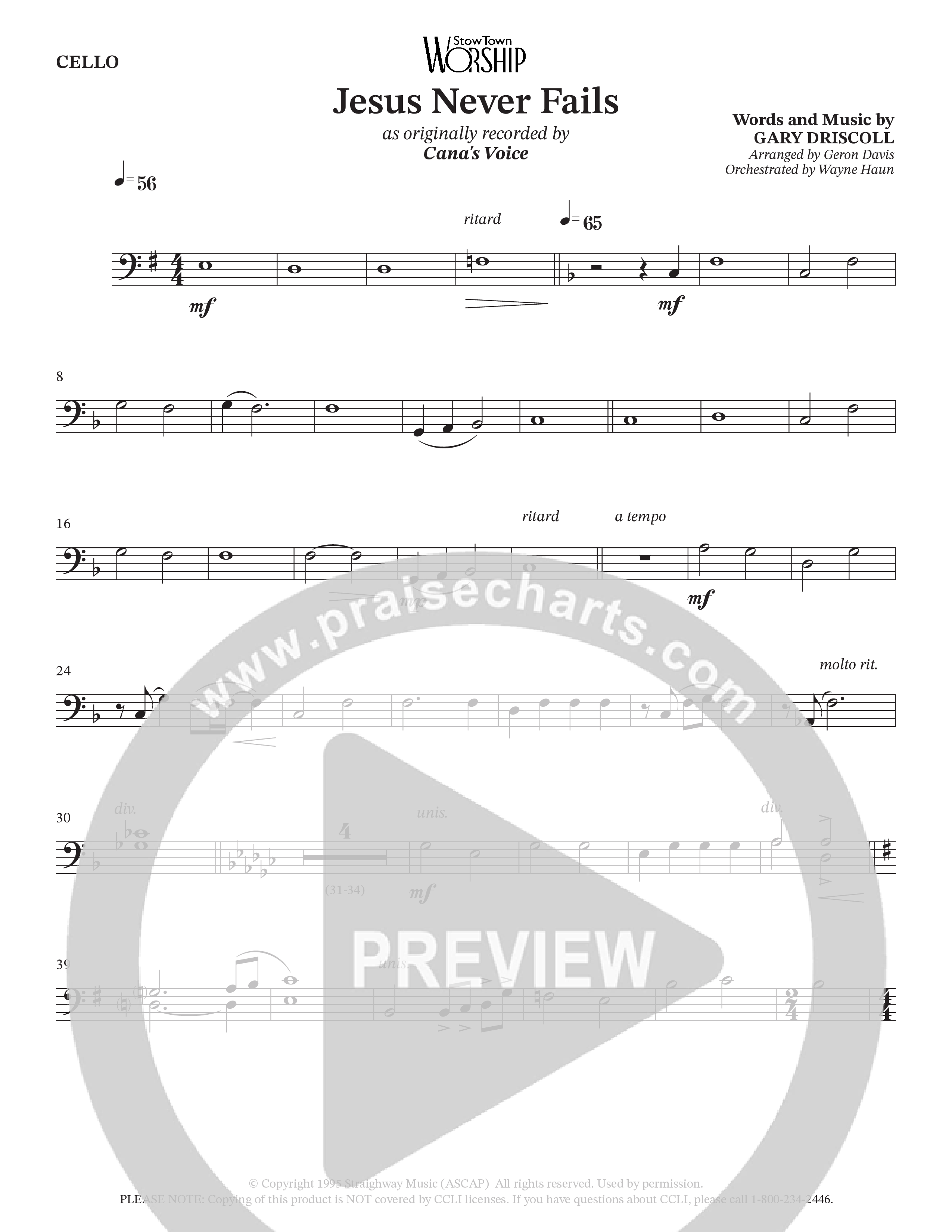 Jesus Never Fails (Choral Anthem SATB) Cello (StowTown Worship / Arr. Geron Davis / Arr. Wayne Haun)