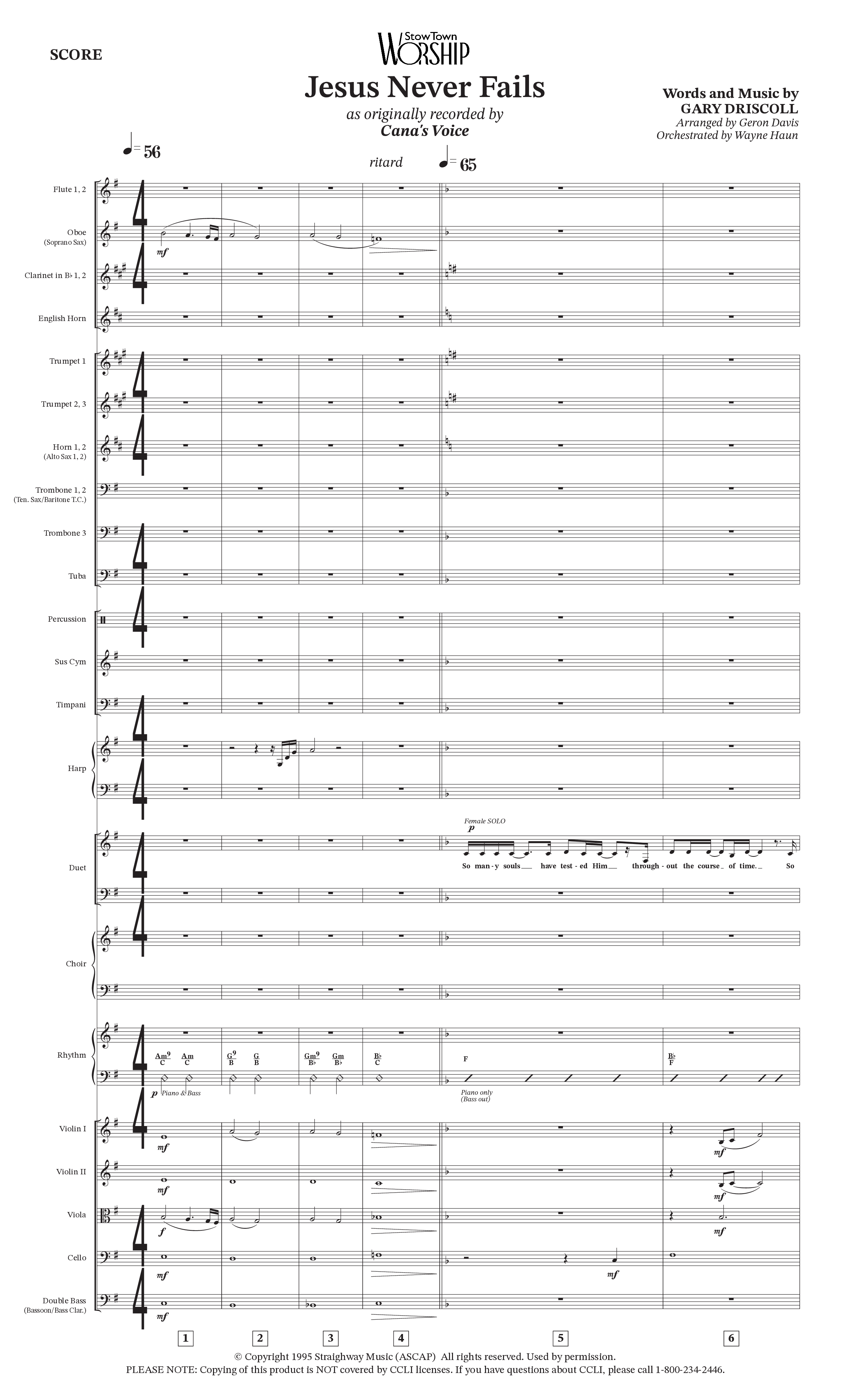 Jesus Never Fails (Choral Anthem SATB) Orchestration (StowTown Worship / Arr. Geron Davis / Arr. Wayne Haun)