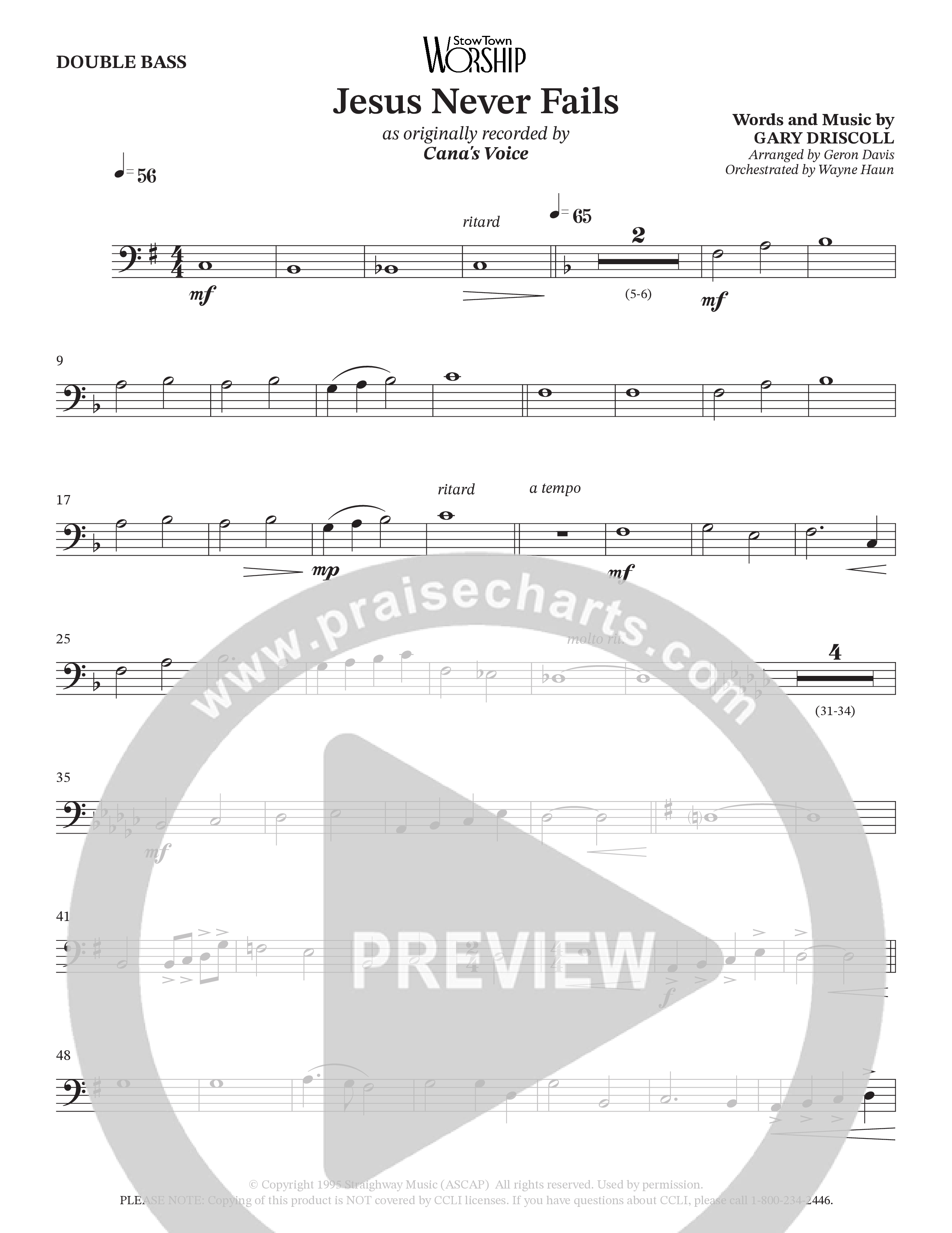 Jesus Never Fails (Choral Anthem SATB) Double Bass (StowTown Worship / Arr. Geron Davis / Arr. Wayne Haun)