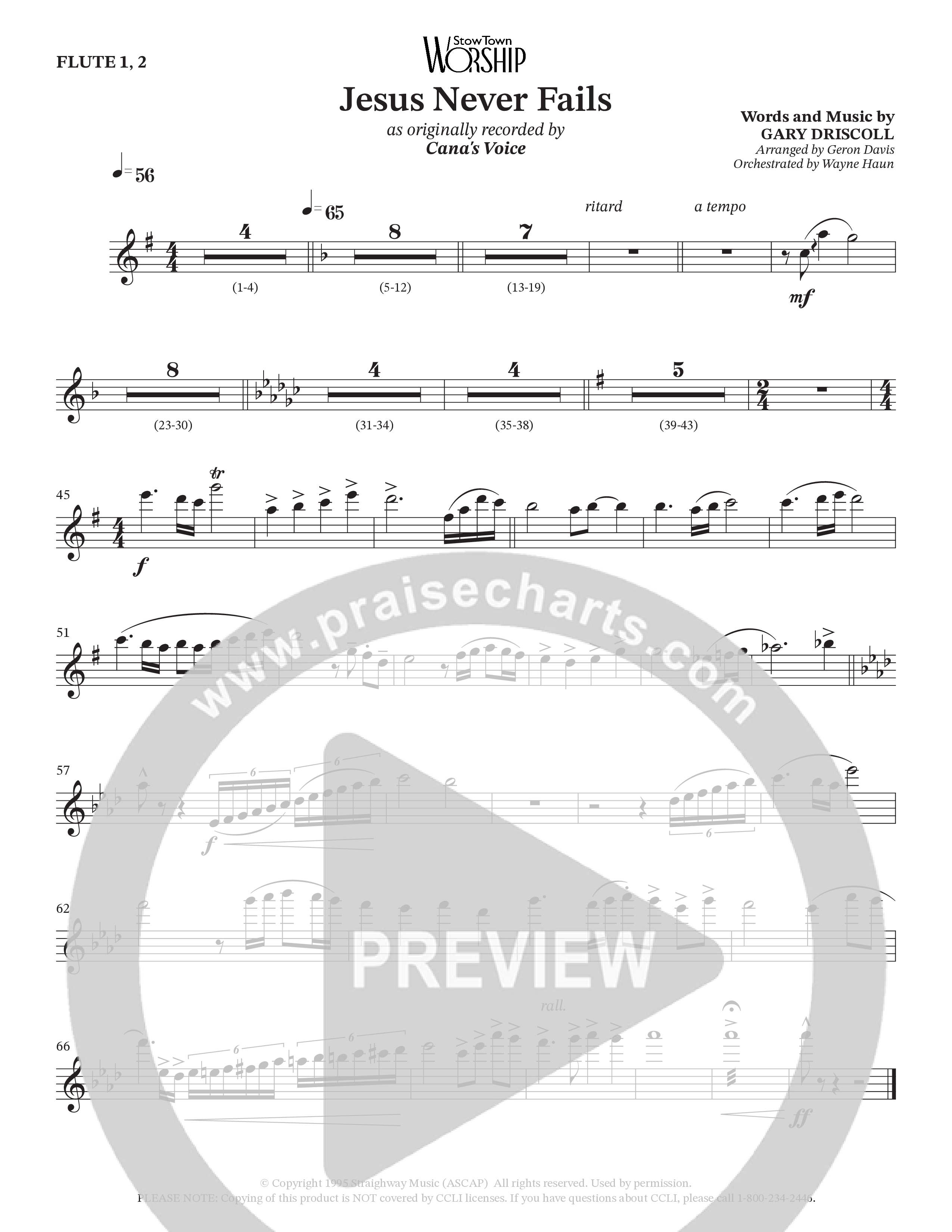 Jesus Never Fails (Choral Anthem SATB) Wind Pack (StowTown Worship / Arr. Geron Davis / Arr. Wayne Haun)