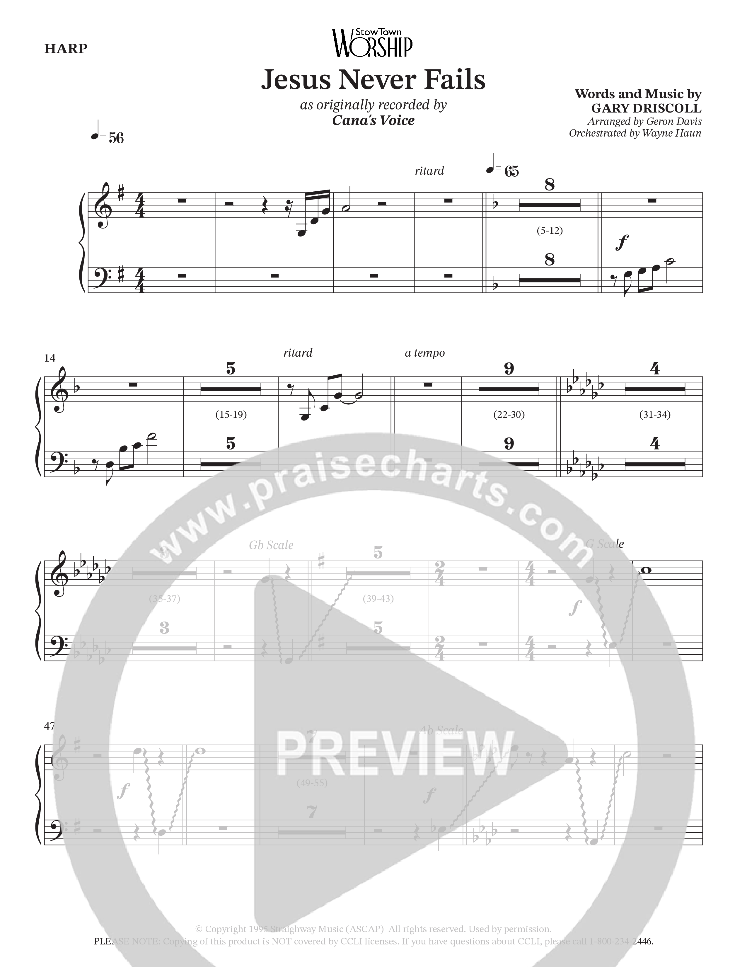 Jesus Never Fails (Choral Anthem SATB) Harp (StowTown Worship / Arr. Geron Davis / Arr. Wayne Haun)