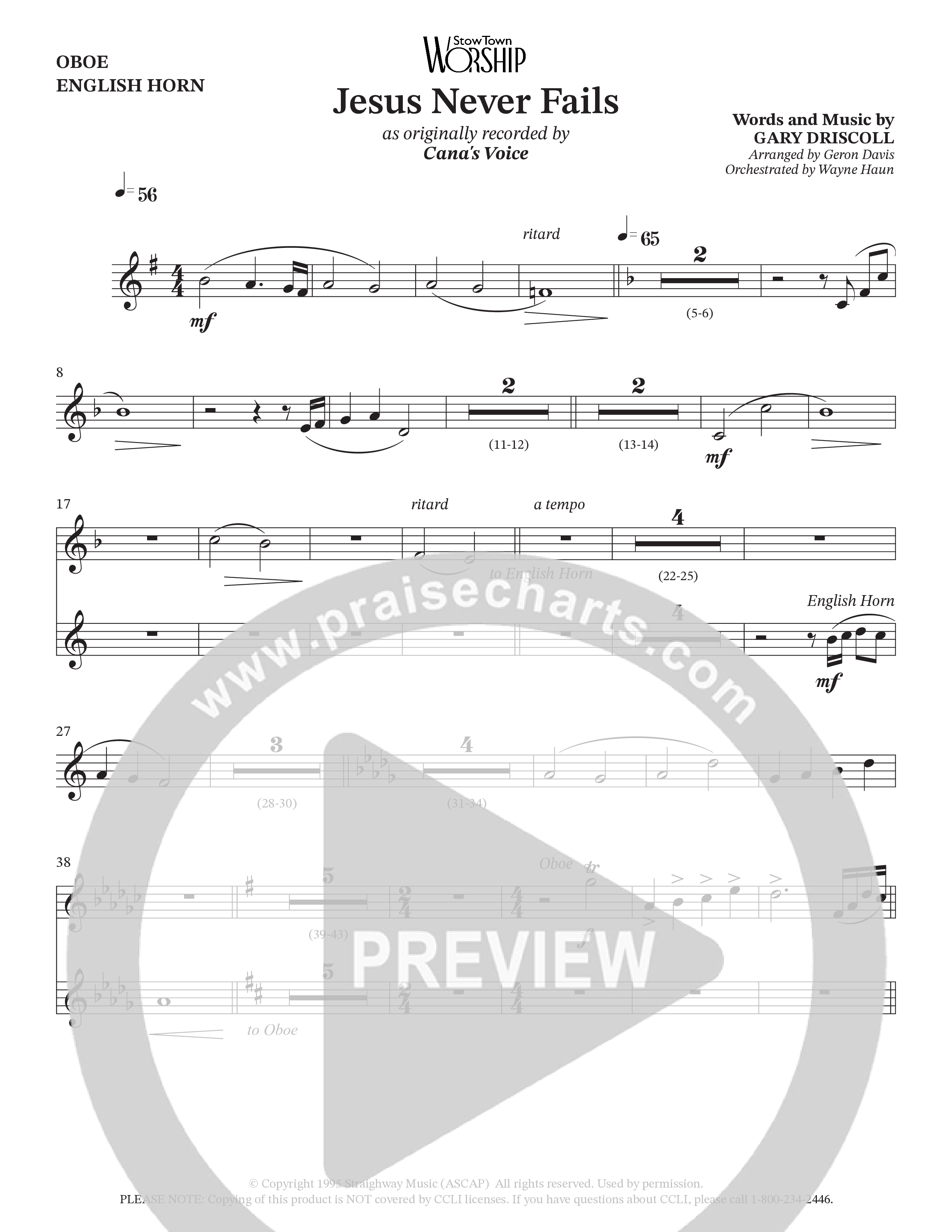 Jesus Never Fails (Choral Anthem SATB) Oboe (StowTown Worship / Arr. Geron Davis / Arr. Wayne Haun)